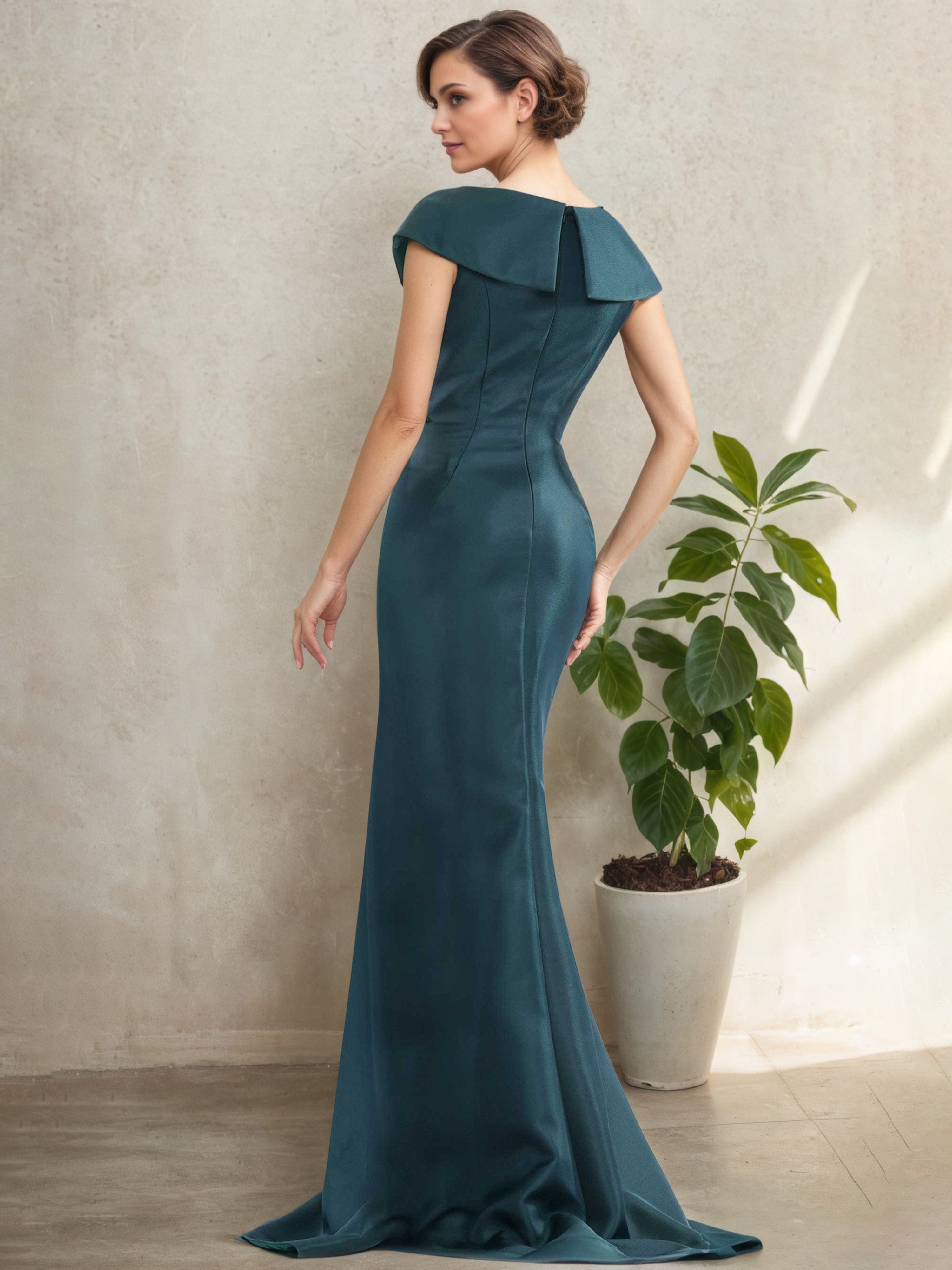 V-Neck Cap Sleeves Ruffle Side Ink Blue Mother Of The Bride Dress