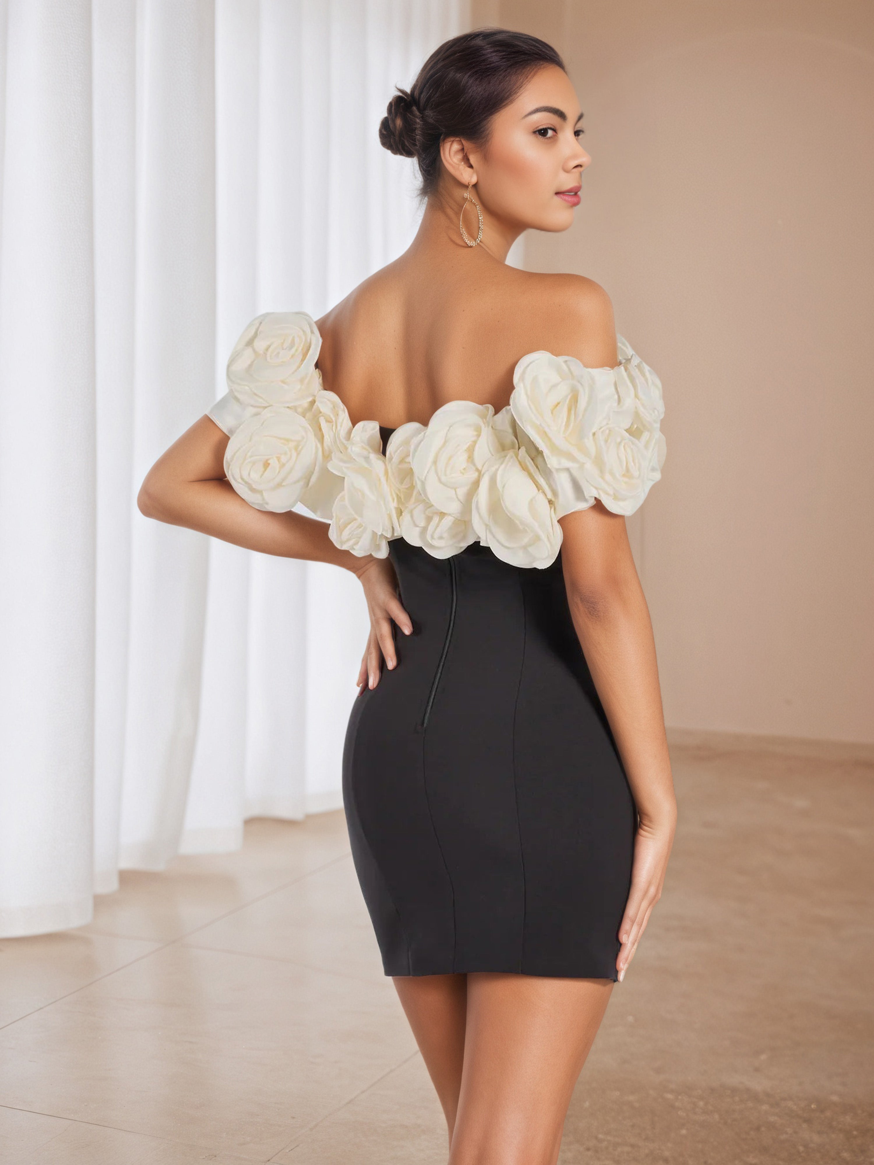Illusion 3D Flower Strapless Off The Shoulder Wedding Guest Dress