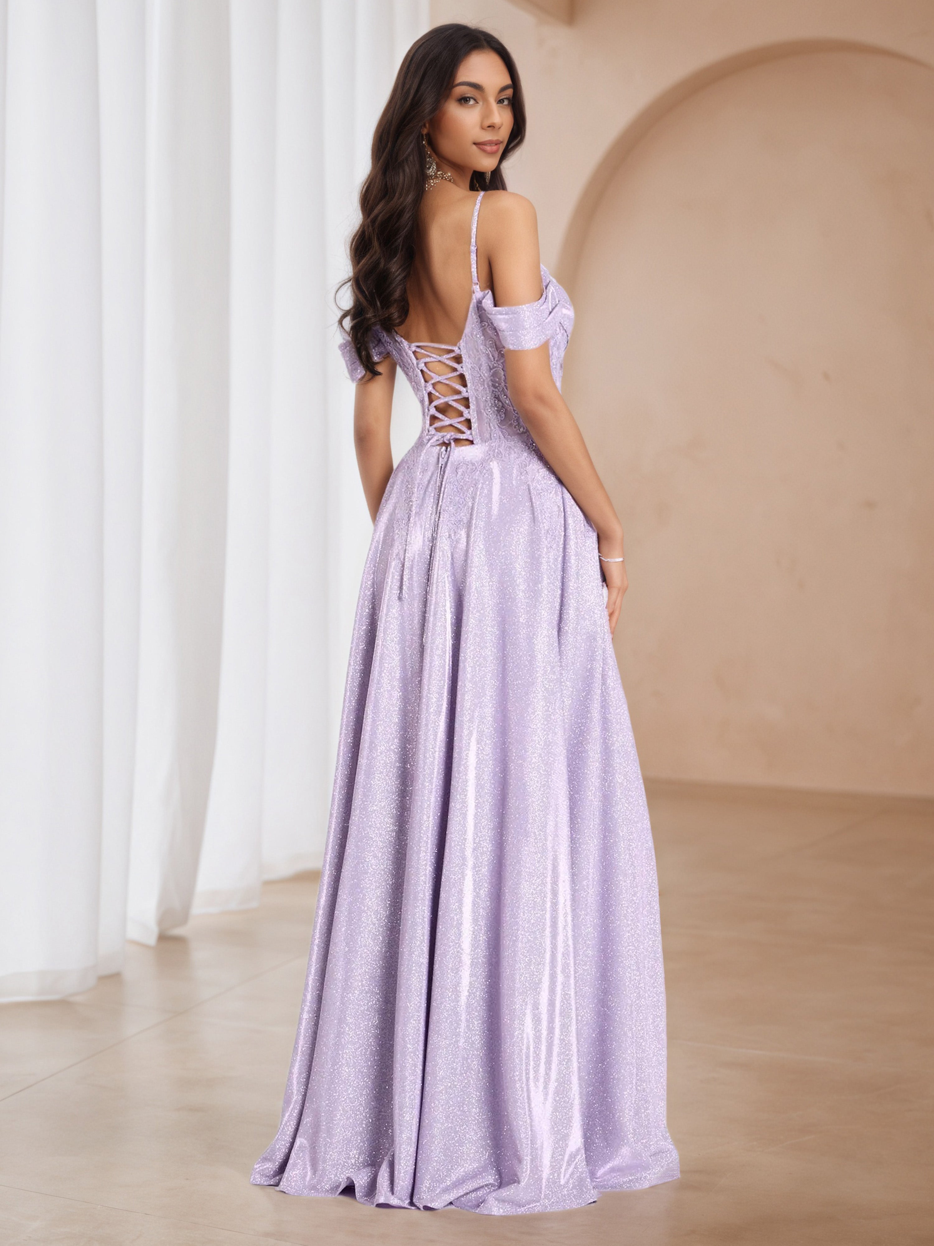 Lilac Off The Shoulder Spaghetti Straps A-line Long Wedding Guest Dress
