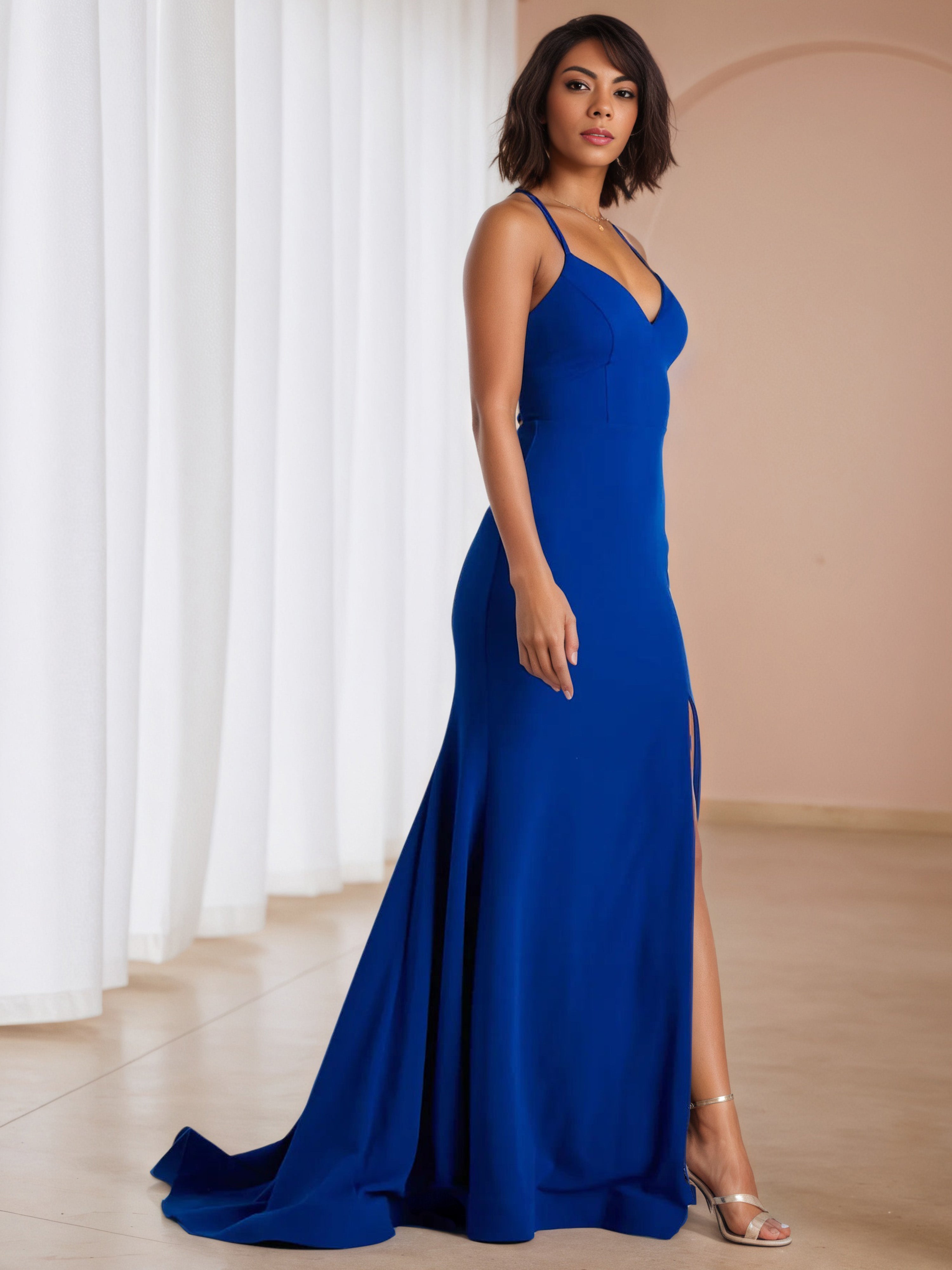 Straps V-Neck Sweep/Brush Train Wedding Guest Dress with Split