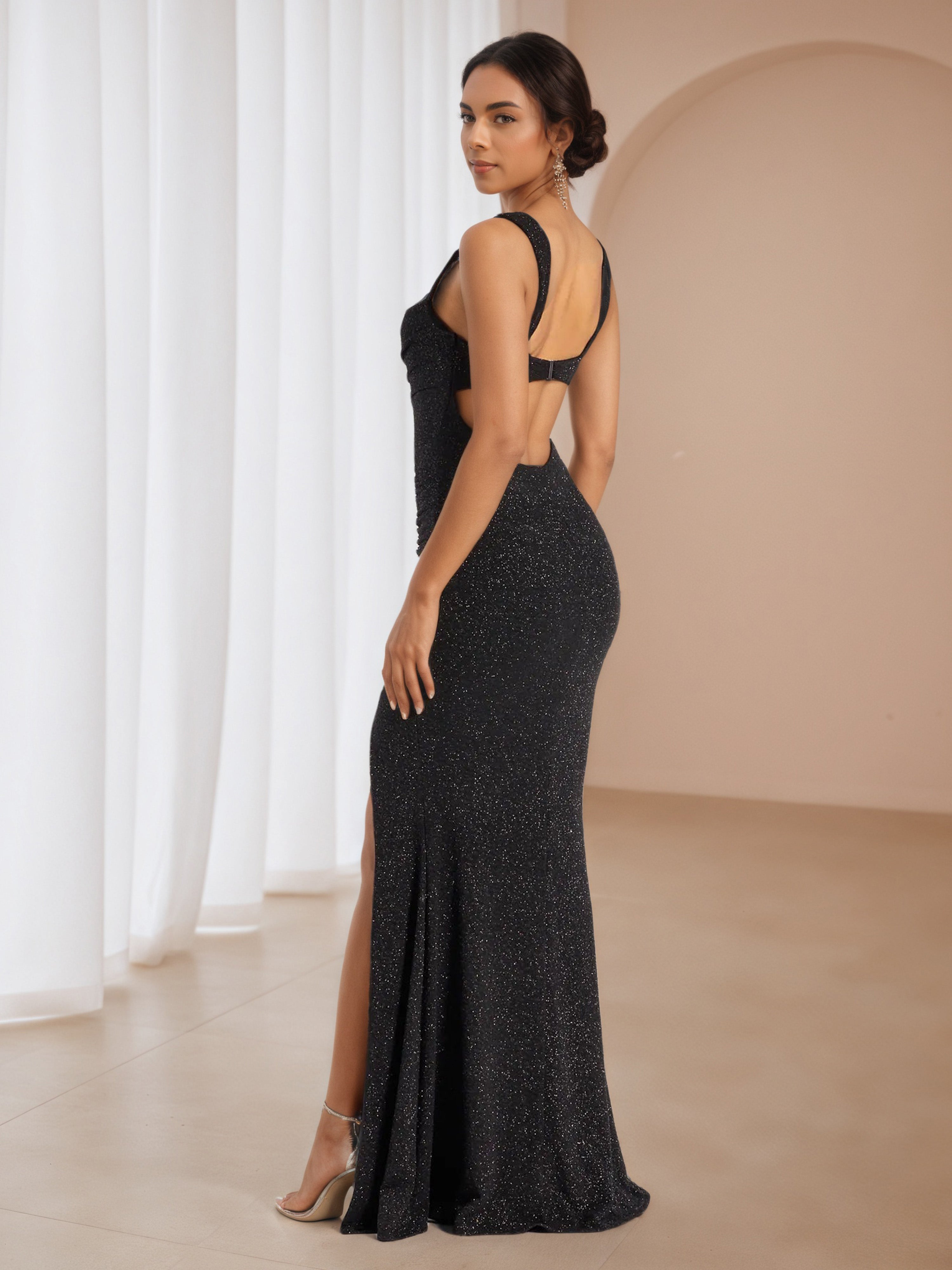 Glitter Straps Black Sweep/Brush Train Wedding Guest Dress