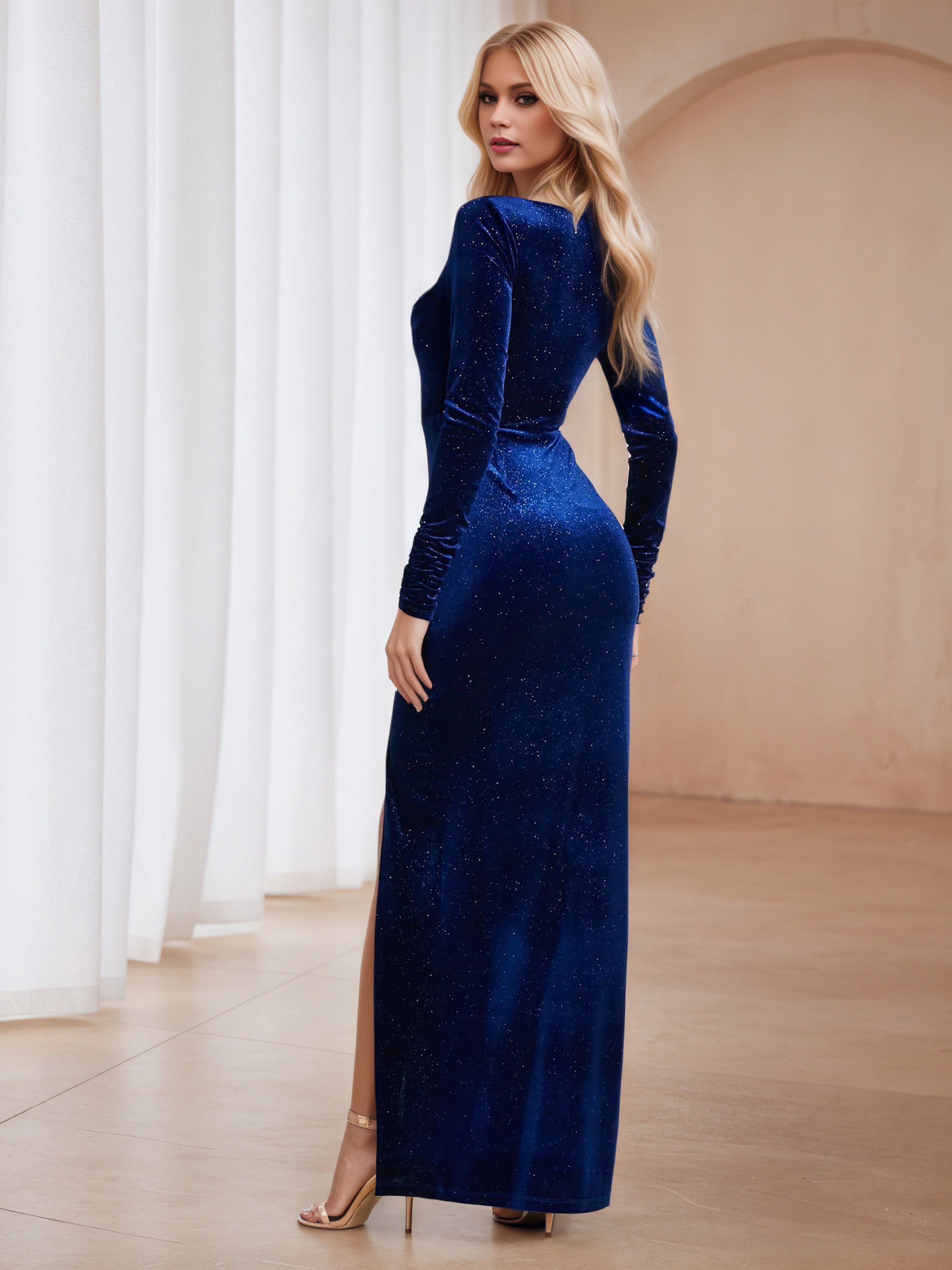Long Sleeves Glitter Royal Blue Formal Dresses with Split