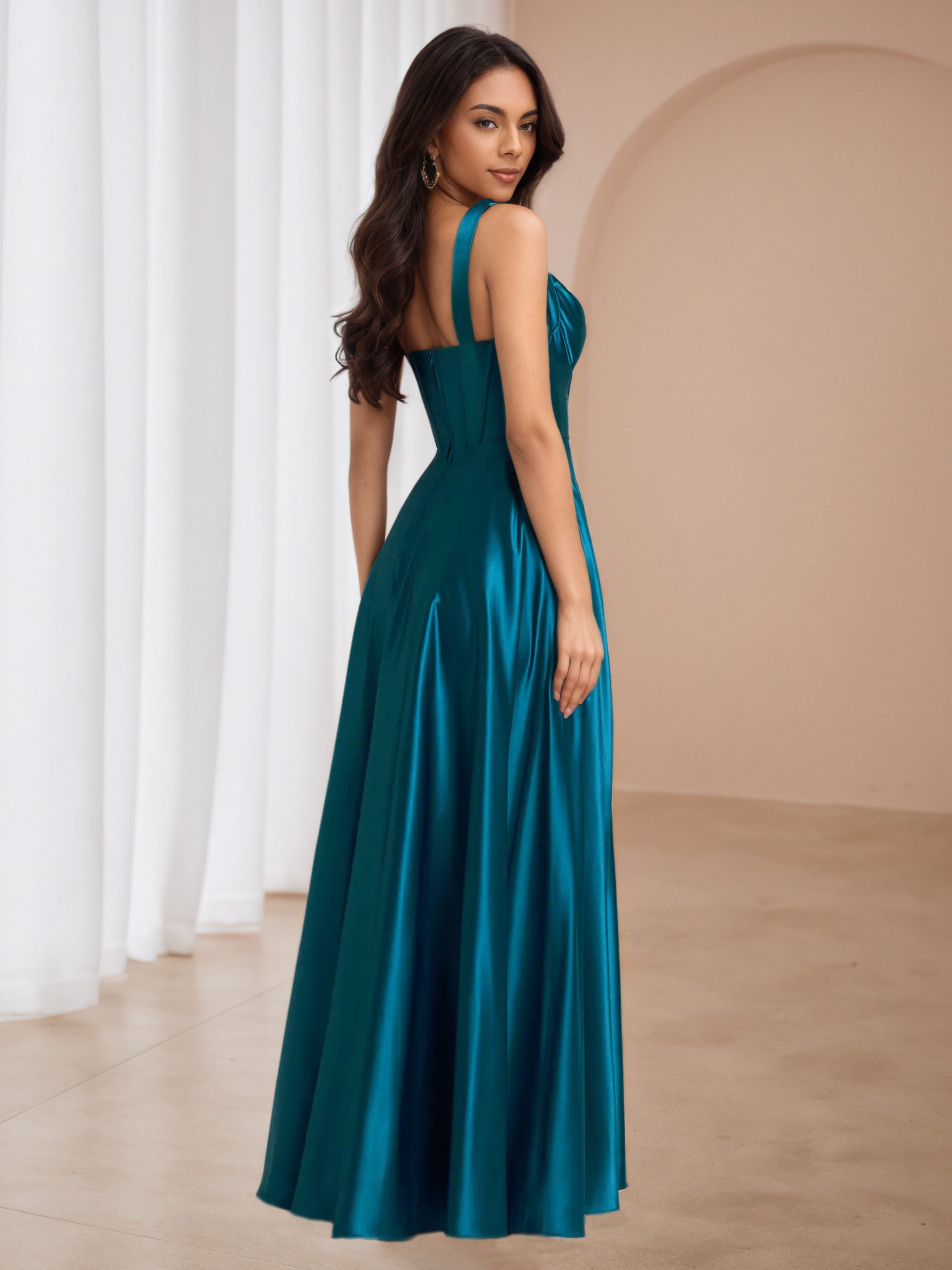 Ink Blue Satin Straps A-Line Wedding Guest Dress