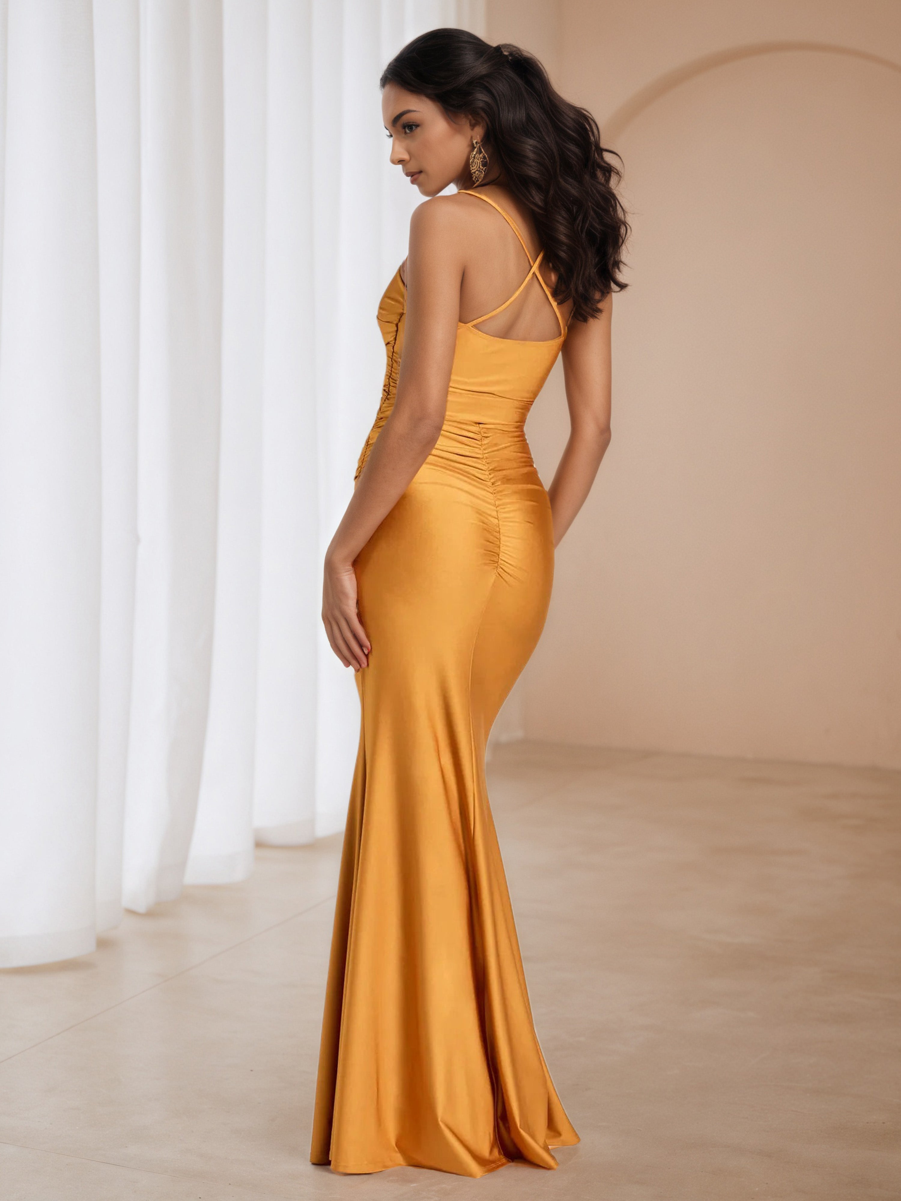 Tangerine Spaghetti Straps Pleats Wedding Guest Dress