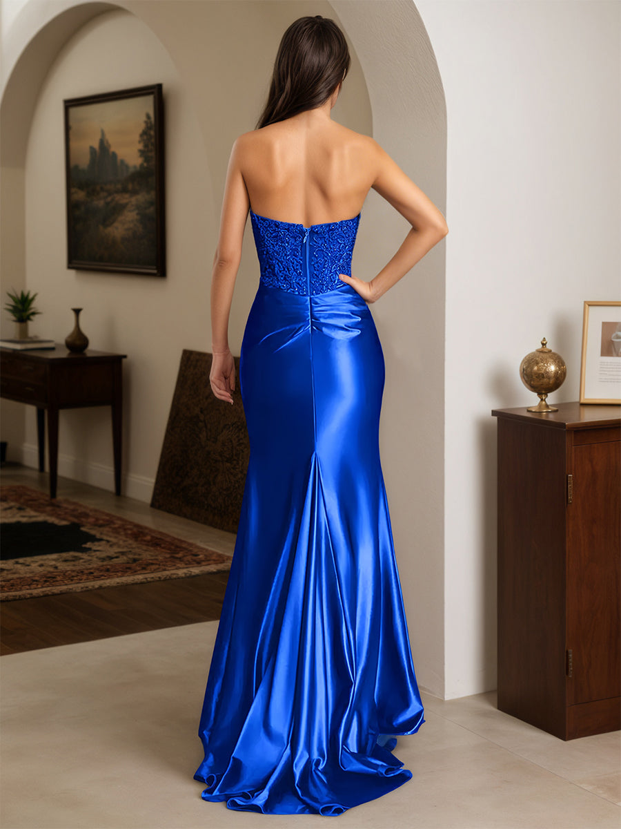 Cicinia Royal Blue Prom Dresses Long Stretch Satin Sheath Strapless Appliques Lace
