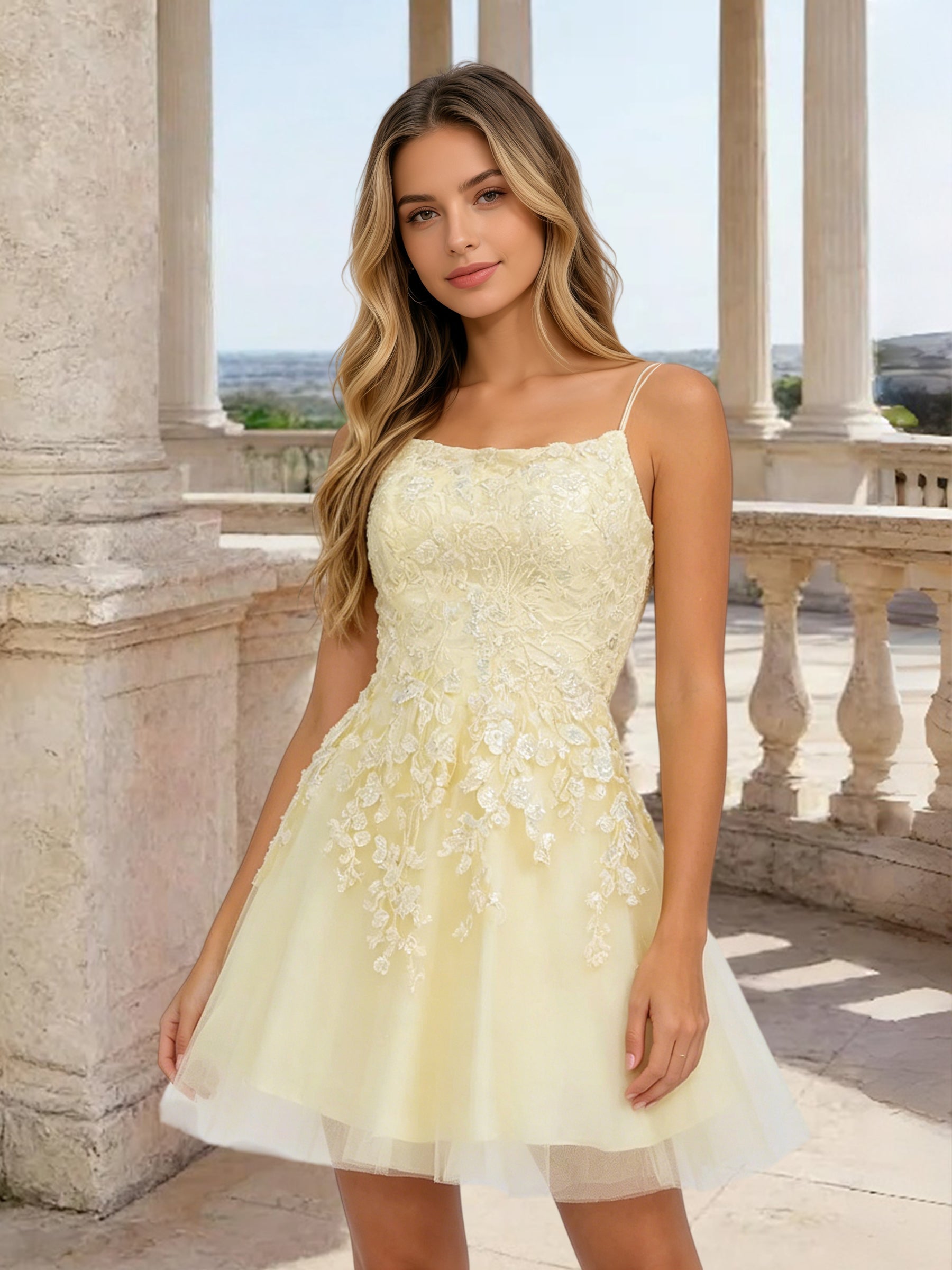Cicinia Daffodil Homecoming Dress A-Line Spaghetti Straps Embroidered Mini Dress