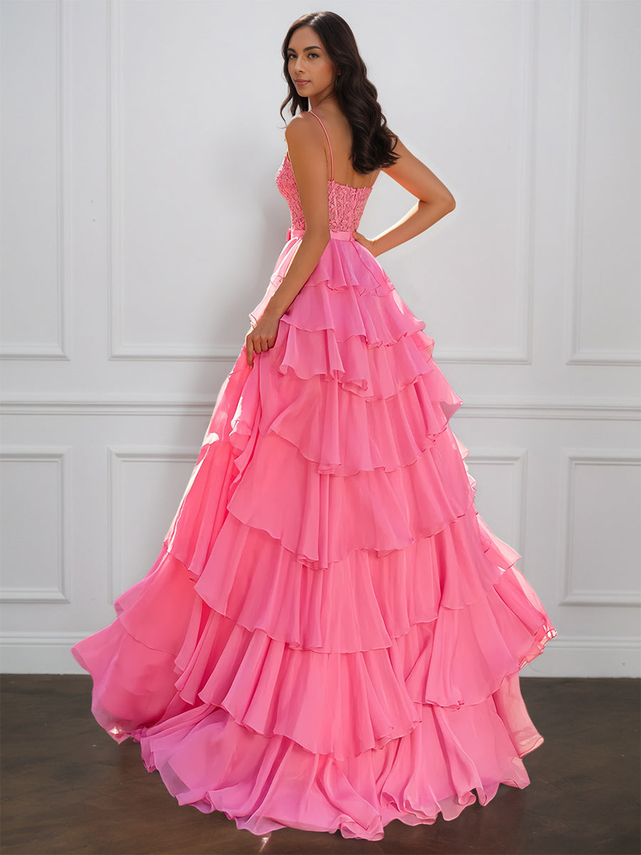 Cicinia Azalea Prom Dresses Long Chiffon Appliques Lace A-line Spaghetti Straps Layered Slit