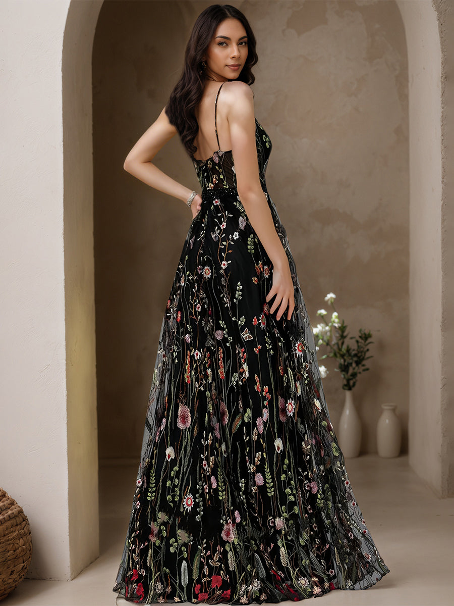 Cicinia Black Prom Dresses Long Floral Lace A-line Spaghetti Straps Beaded Floor Length