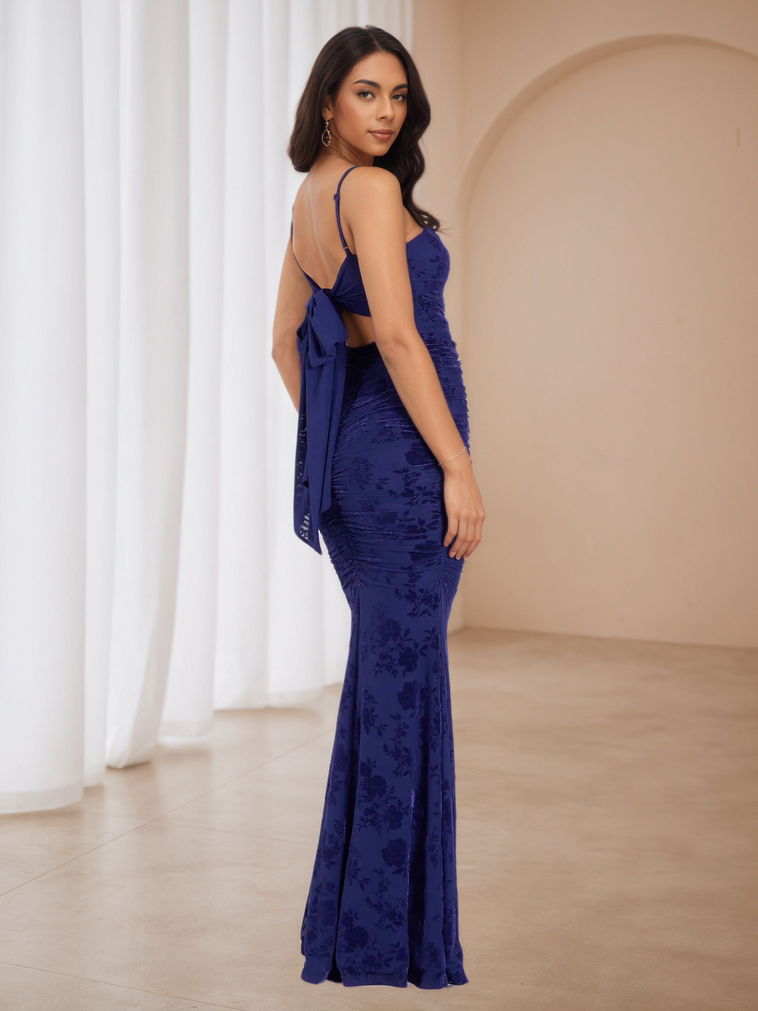 Floral Navy Blue Spaghetti Straps Trumpet/Mermaid Wedding Guest Dress
