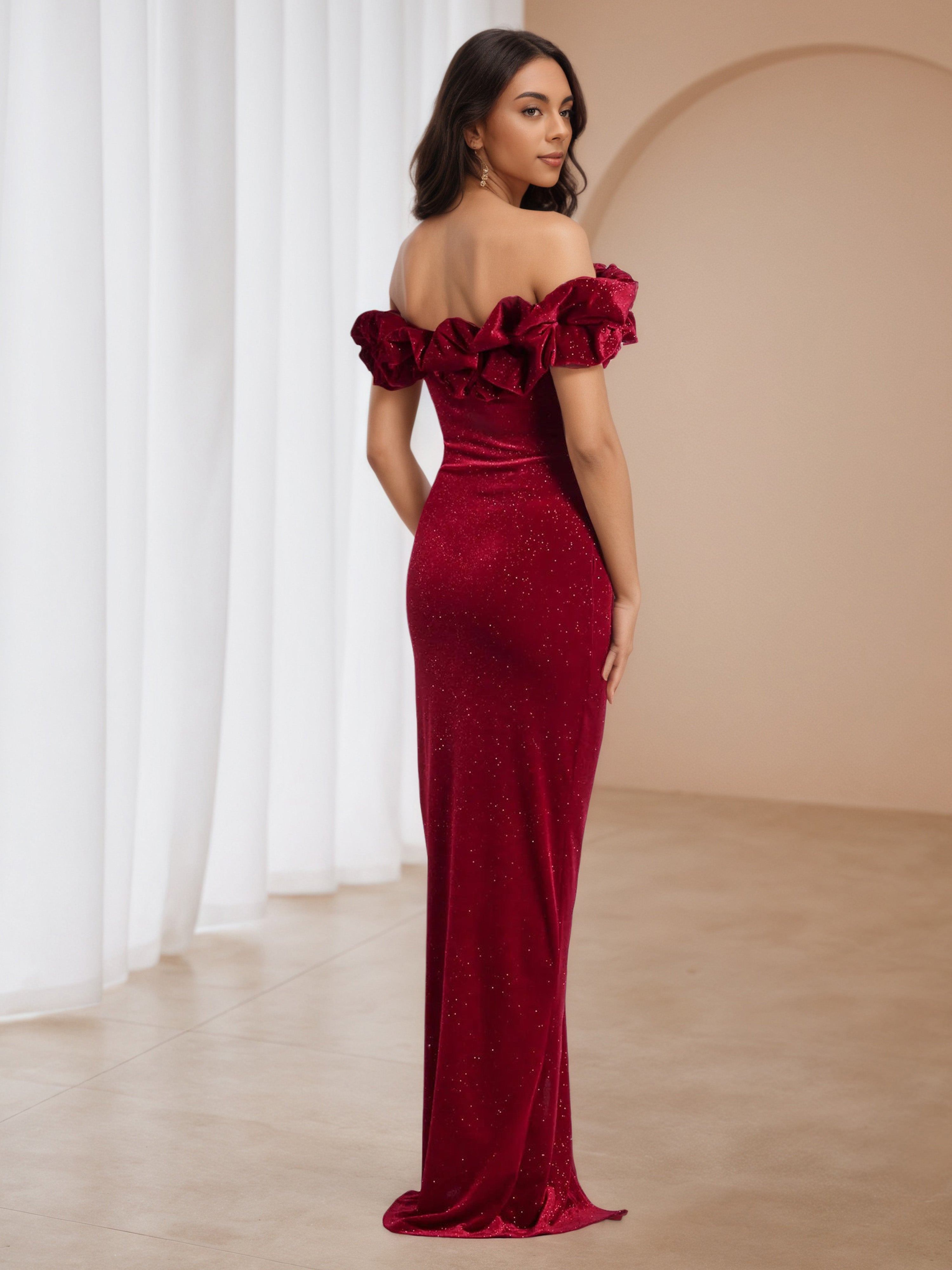 Burgundy Illusion Special Strapless Off The Shoulder Wedding Guest Dress