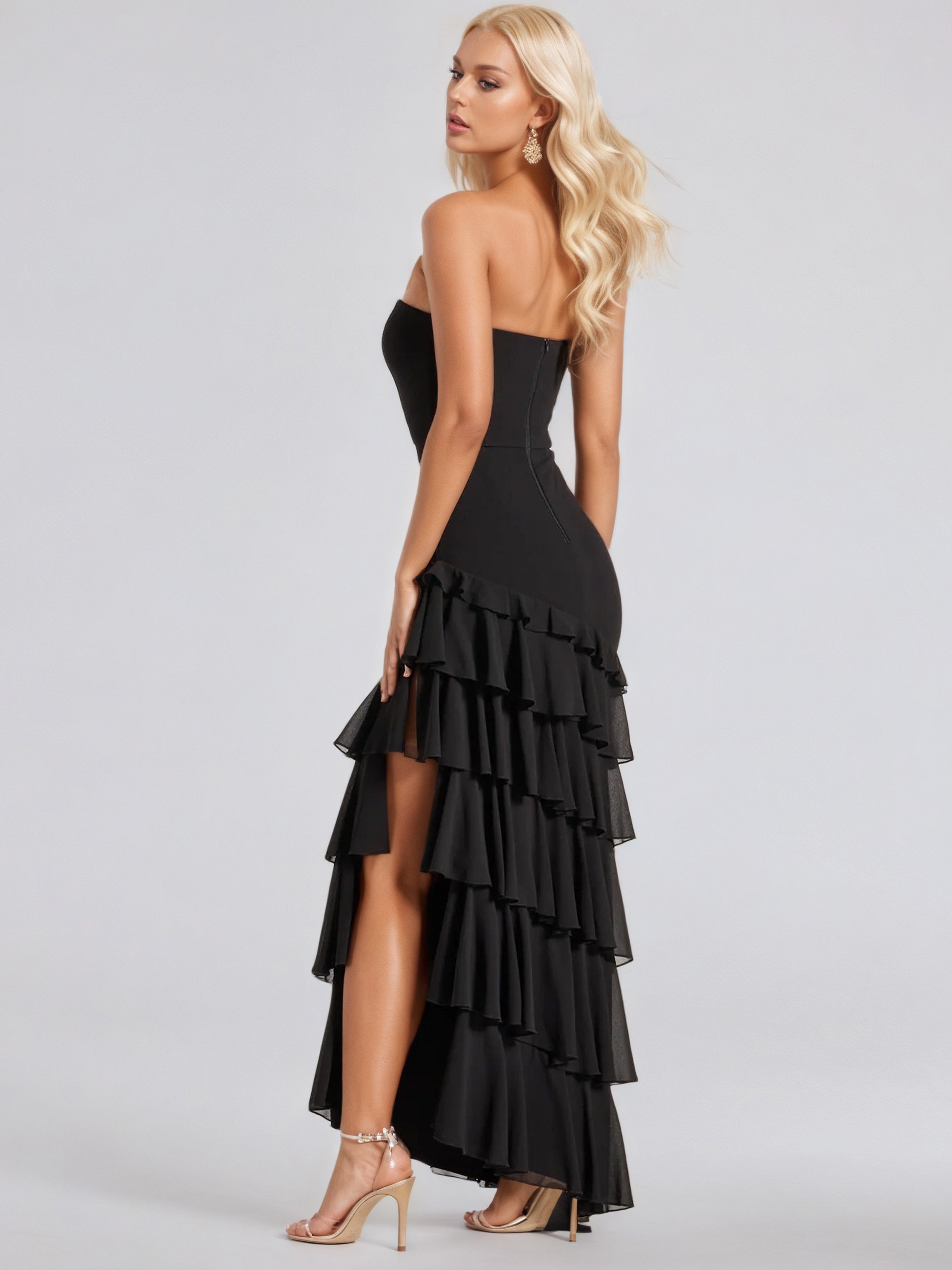 Strapless Ruffle Hem Black Wedding Guest Dress