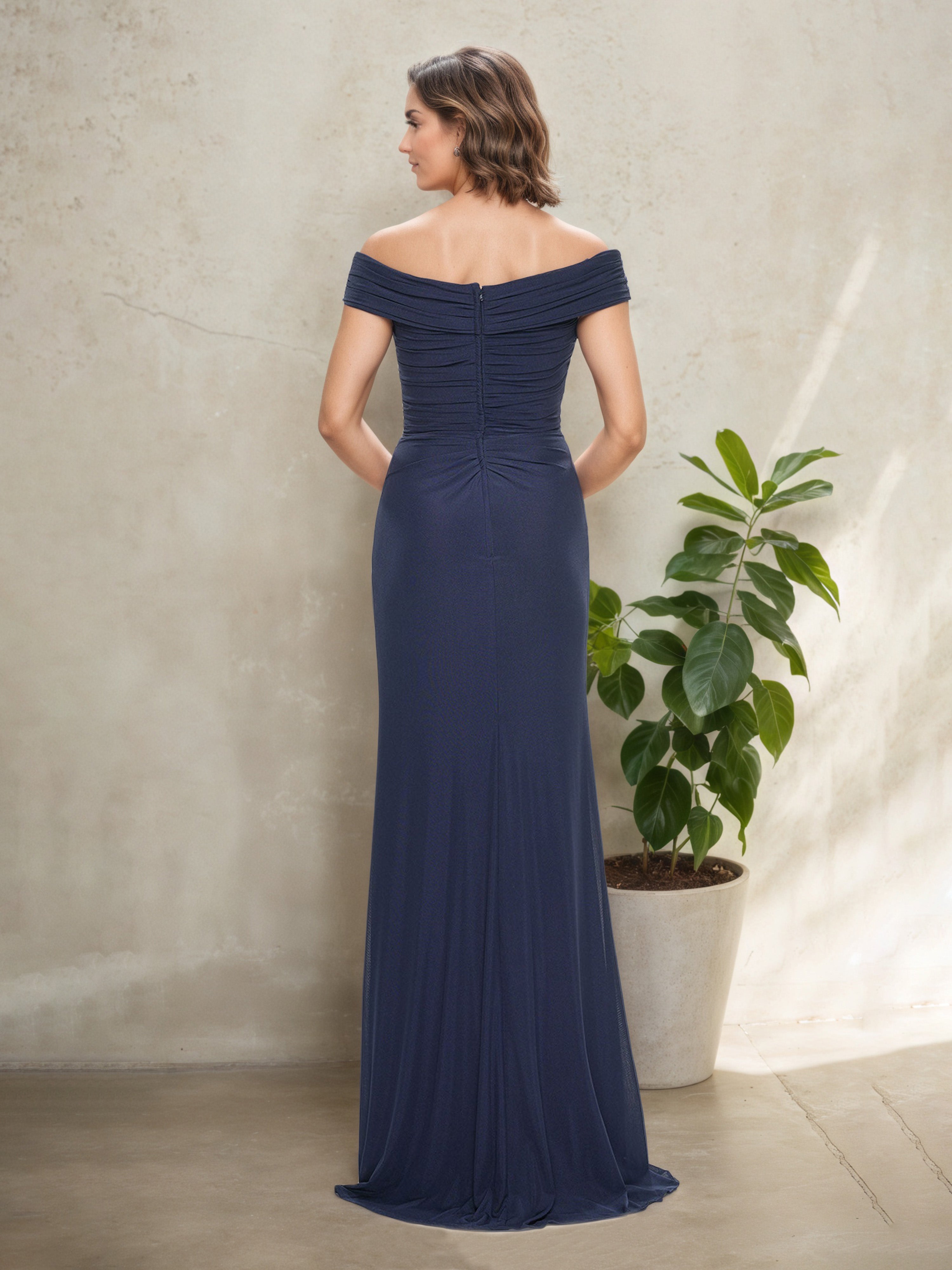 Elegant Off The Shoulder Dark Navy Floor Length Mother Of The Bride Dress