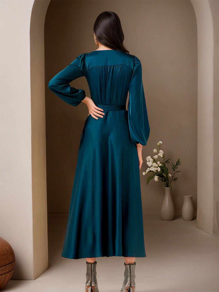 Cicinia Peacock Prom Dresses Long Satin Chiffon A-line Tea Length V-neck