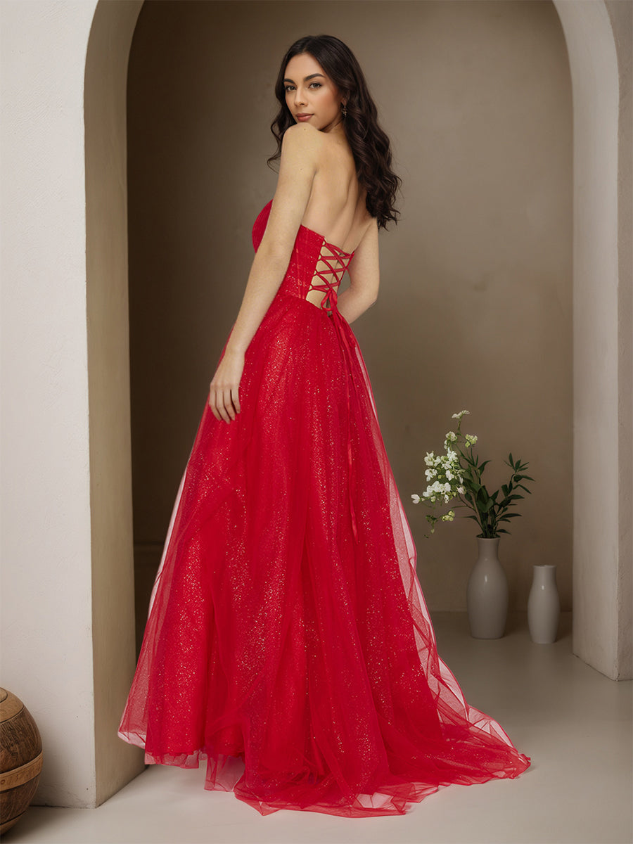 Cicinia Red Prom Dresses Long Tulle A-line Strapless Sweep Train Evening Gowns