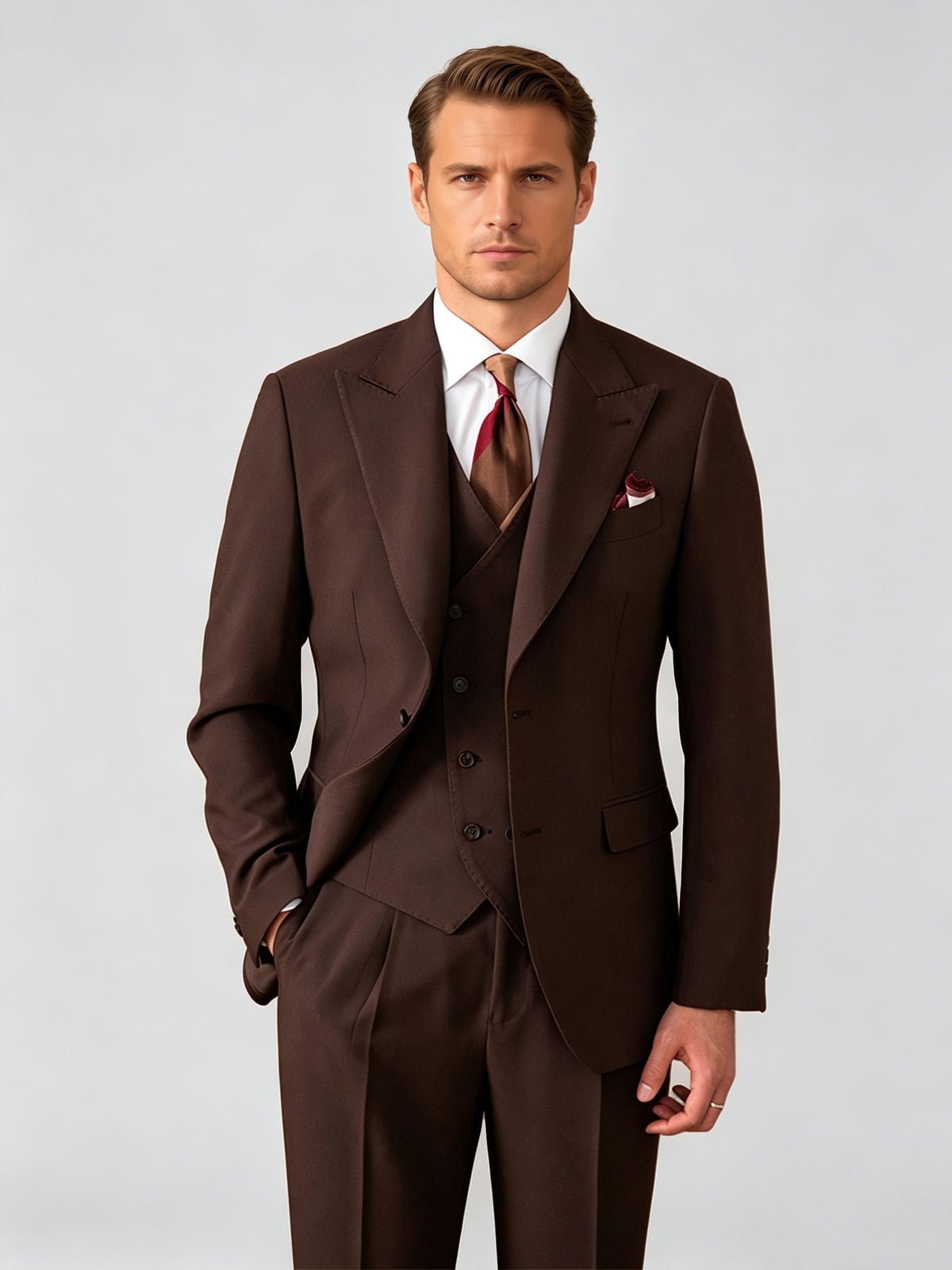 Cicinia Men's Suits Vintage Coffee 3 Pieces Suit Peak Lapel Wedding Suit