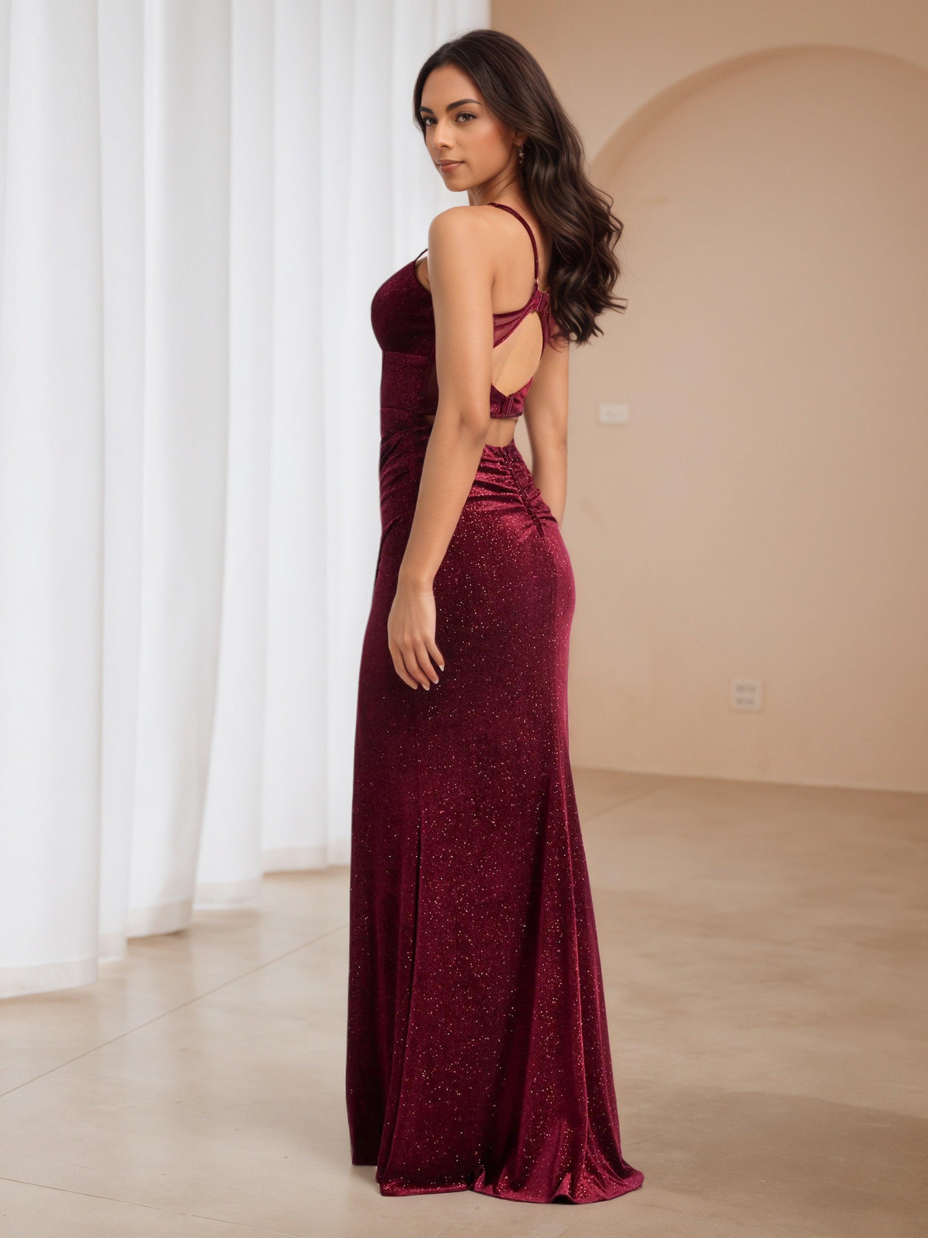 Glitter Burgundy Open Back Long Wedding Guest Dress with Split
