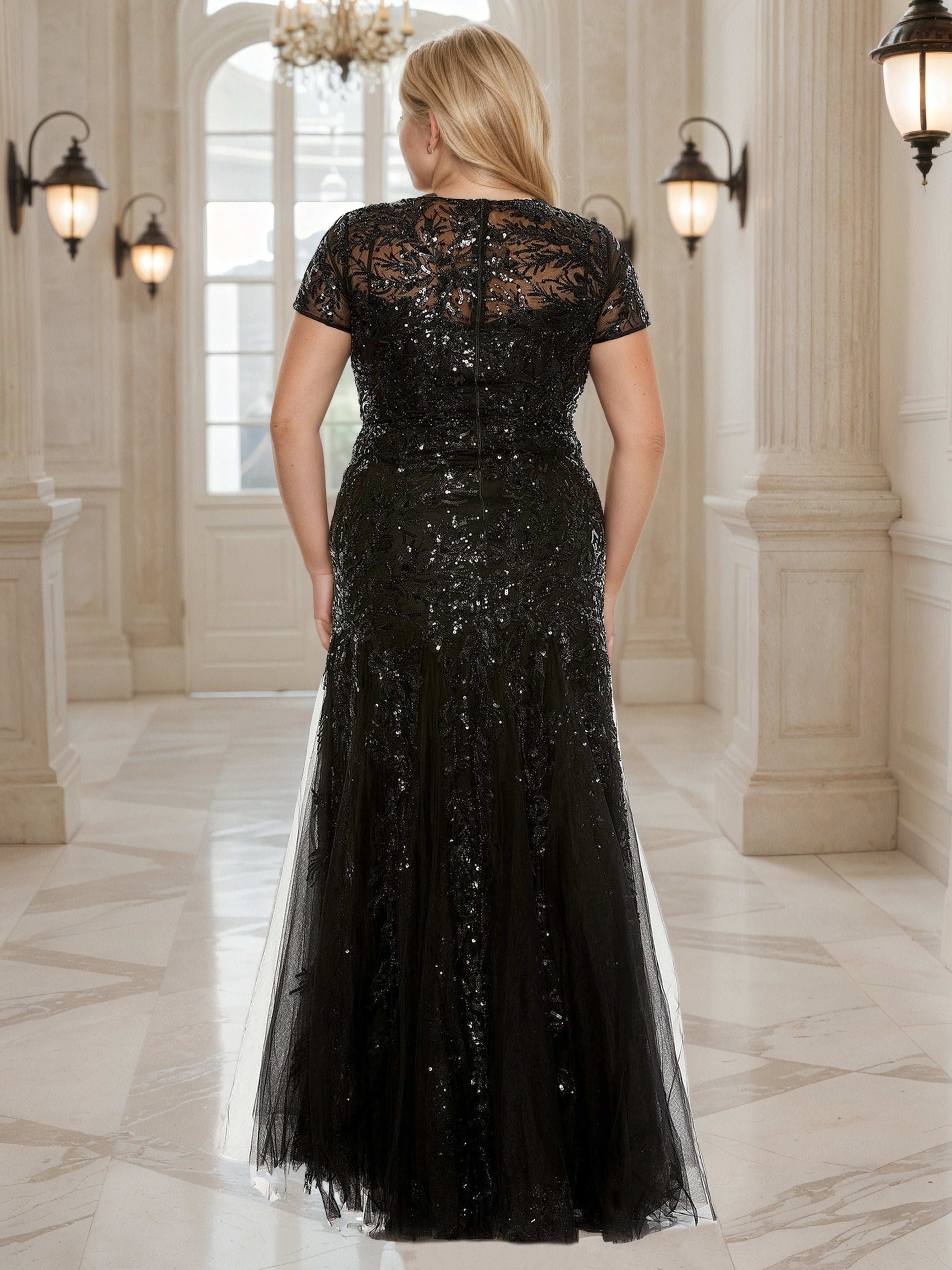 Modest Black Sequins Lace Long Tulle Plus Size Prom Dress