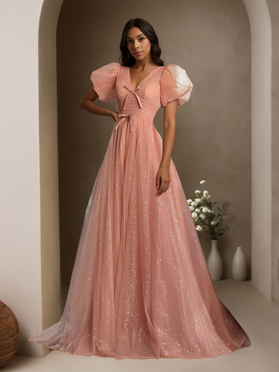 Cicinia Dusty Rose Prom Dresses Long Glitter Tulle A-line Puffed Sleeves Princess Dress