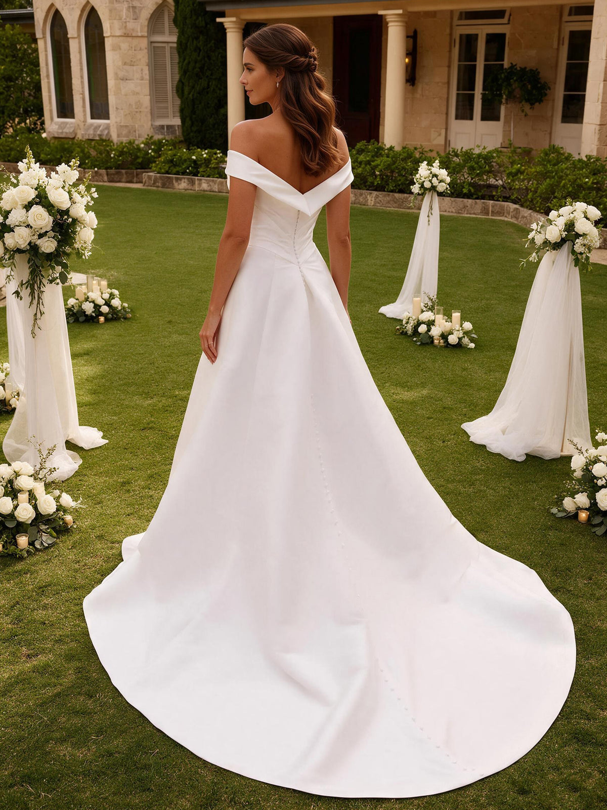 Cicinia Off The Shoulder Ivory Wedding Dresses Long A-line Simple Bridal Gowns