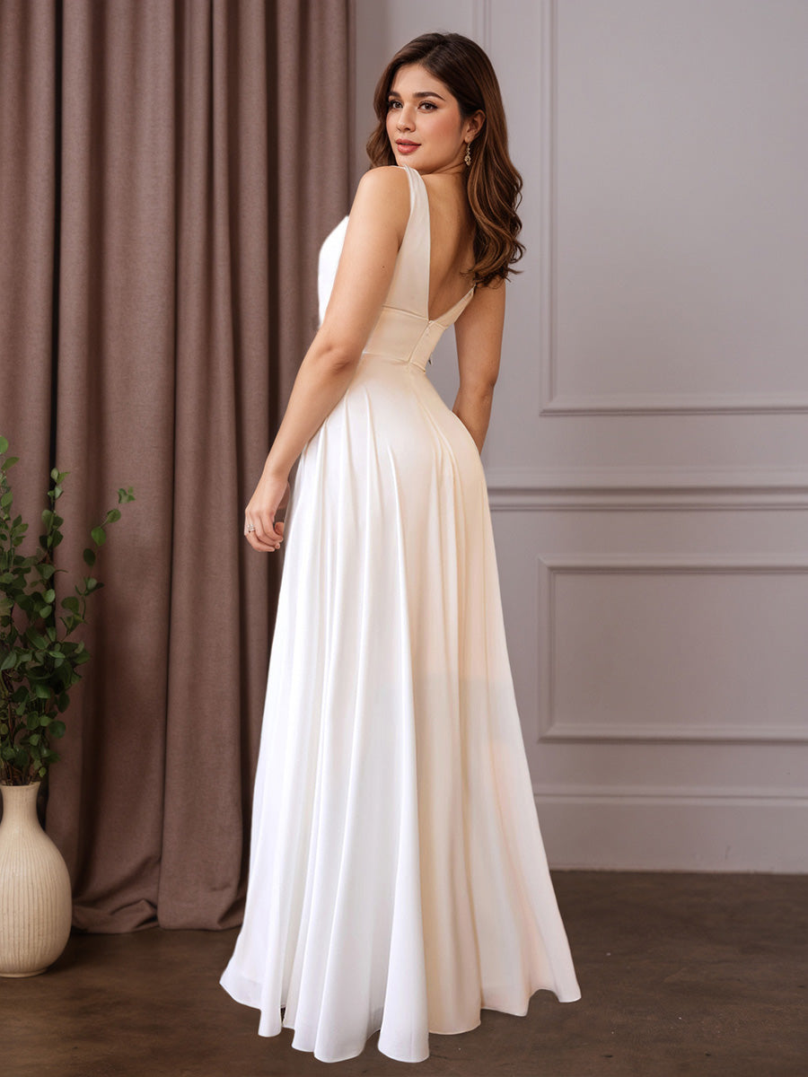 Pretty V-neck Split Long Wedding Dress A-line Bridal Gown