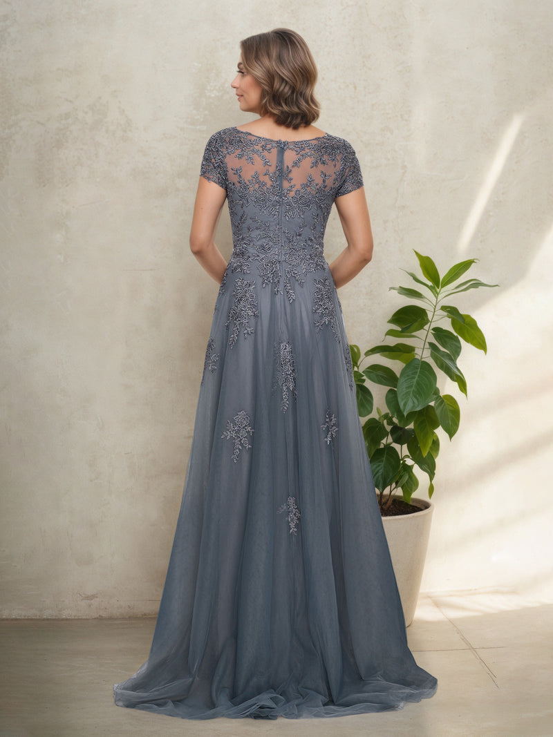 Slate Blue Lace Short Sleeves V-Neck Mother Of The Bride Dress