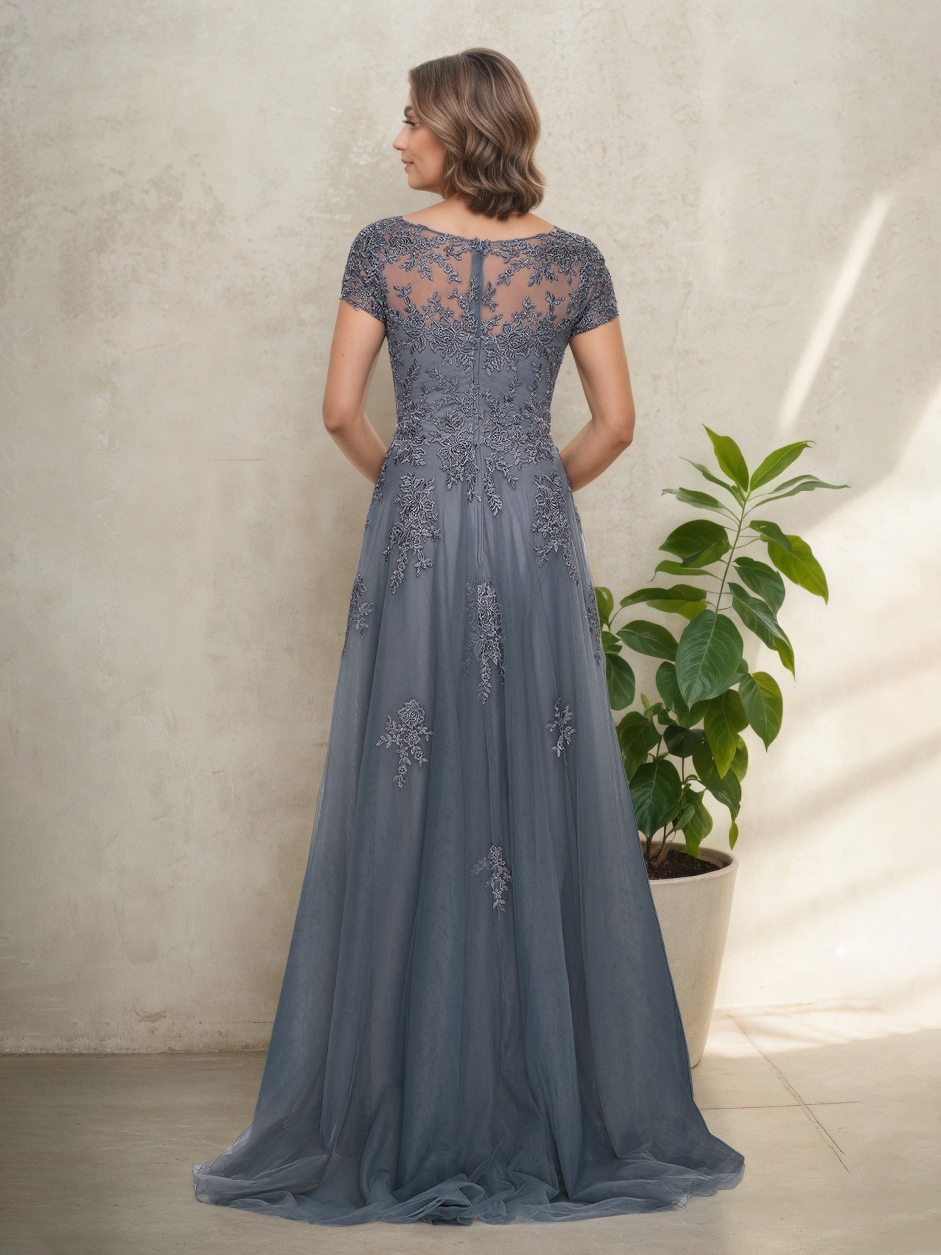 Slate Blue Lace Short Sleeves V-Neck Mother Of The Bride Dress