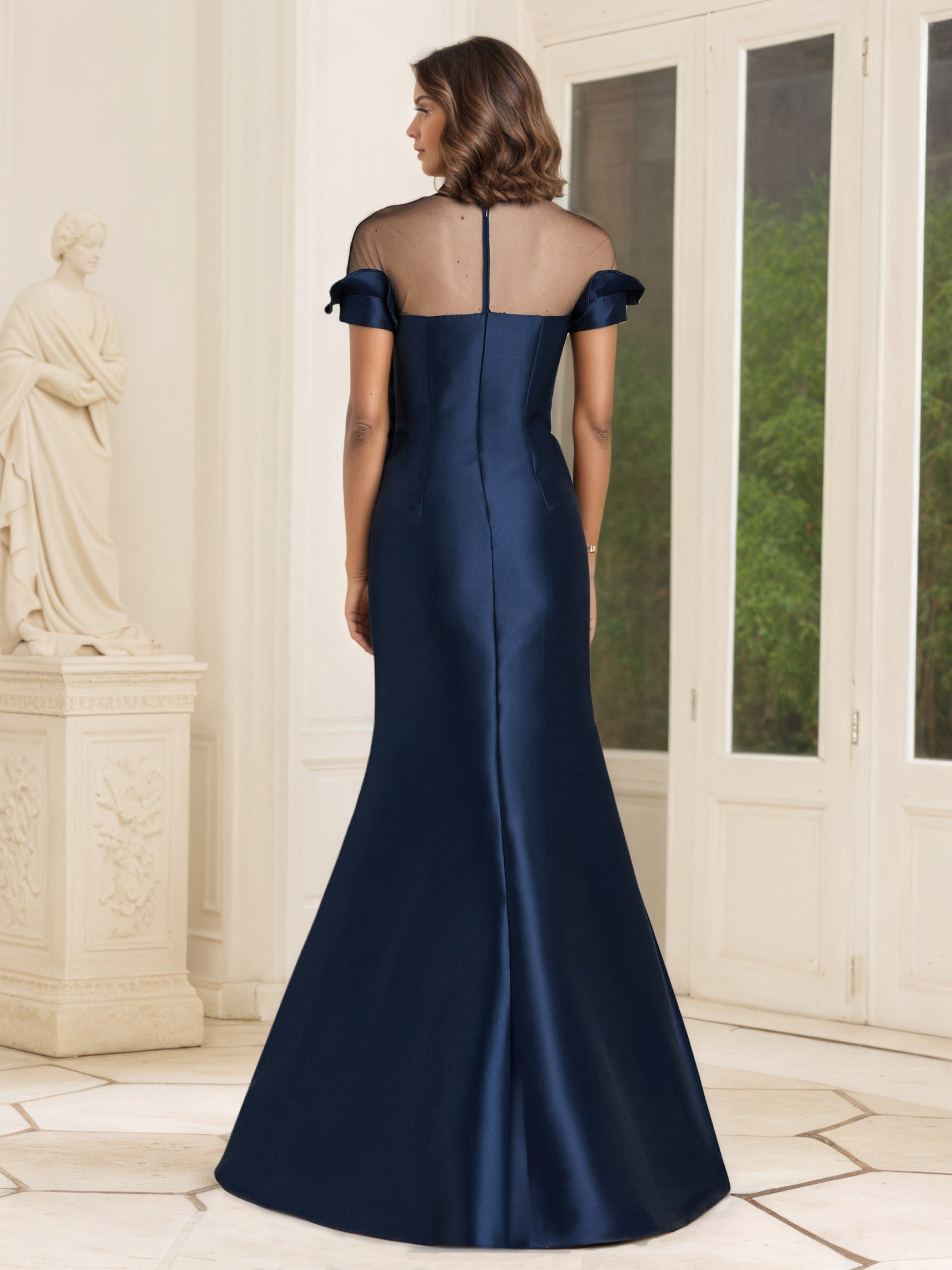 Sheer Neck Short Sleeves Sheath Dark Navy Mother Of The Bride Dress
