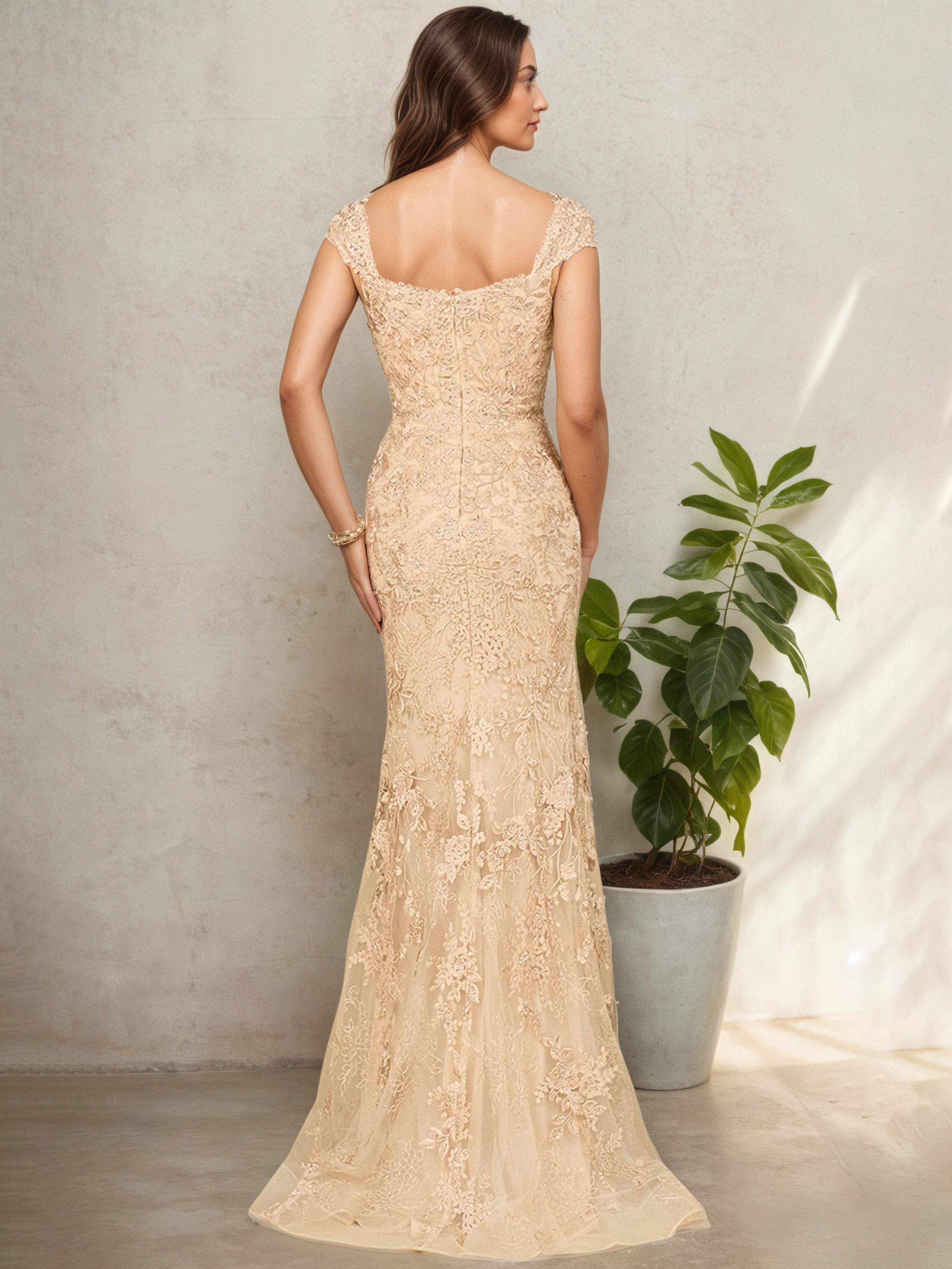 Elegant Lace Cap Sleeves Long Mother Of The Bride Dress