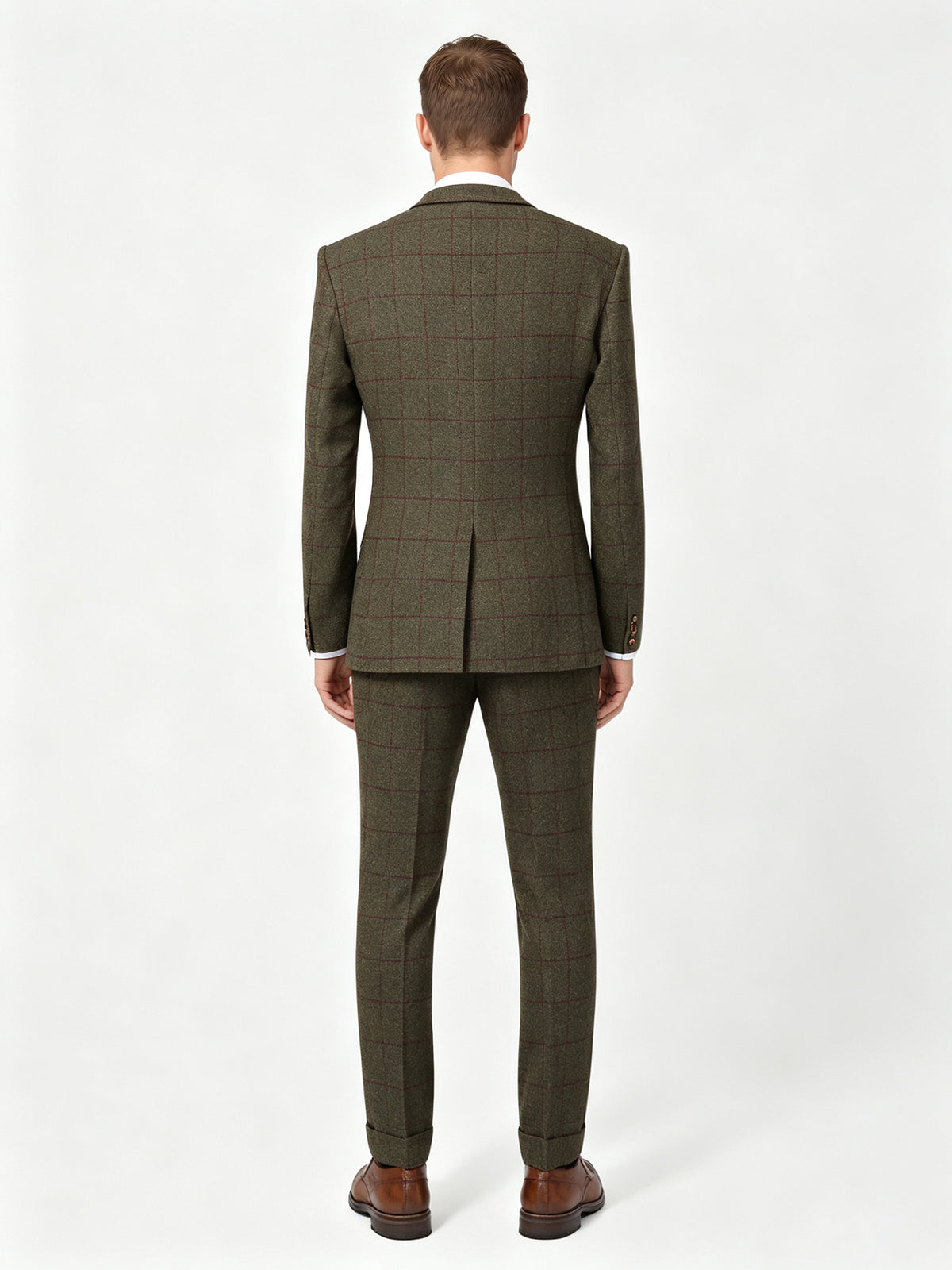 Cicinia Olive Green Men's Suits Windowpane Plaid 3 Piece Notch Lapel Suit Wool Blend Slim Fit Jacket Vest Trousers