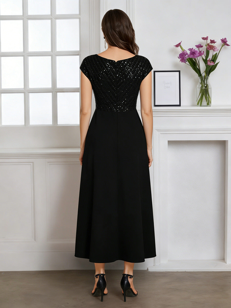 Cicinia Black Mother Of The Bride Dress Long Chiffon Sequins A-line Tea Length V-neck