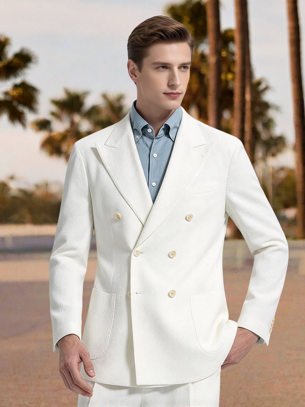 Cicinia Men's Ivory Double Breasted 2 Piece Suit Slim Fit Peak Lapel Wedding Suit Jacket With Pants