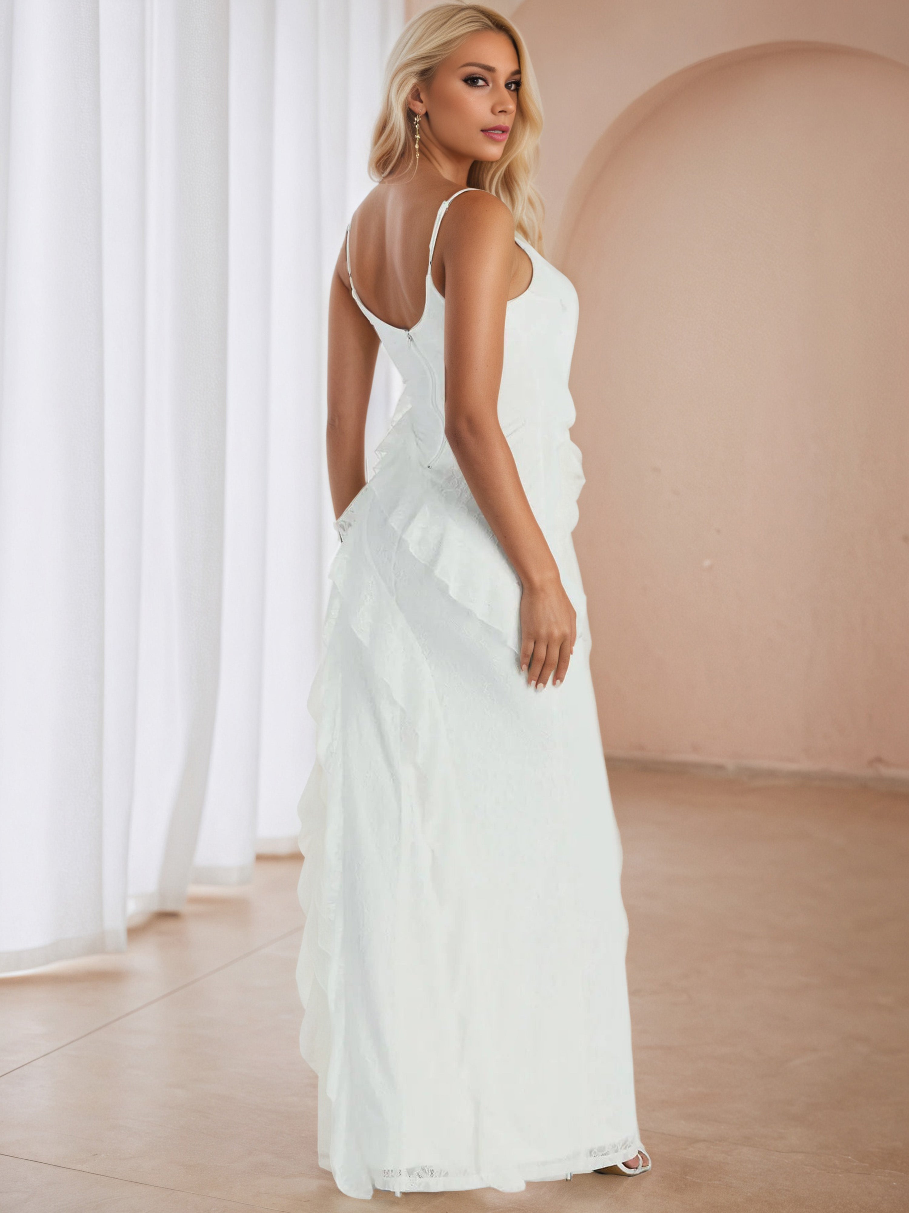 V-Neck Spaghetti Straps Ivory Wedding Guest Dress with Split