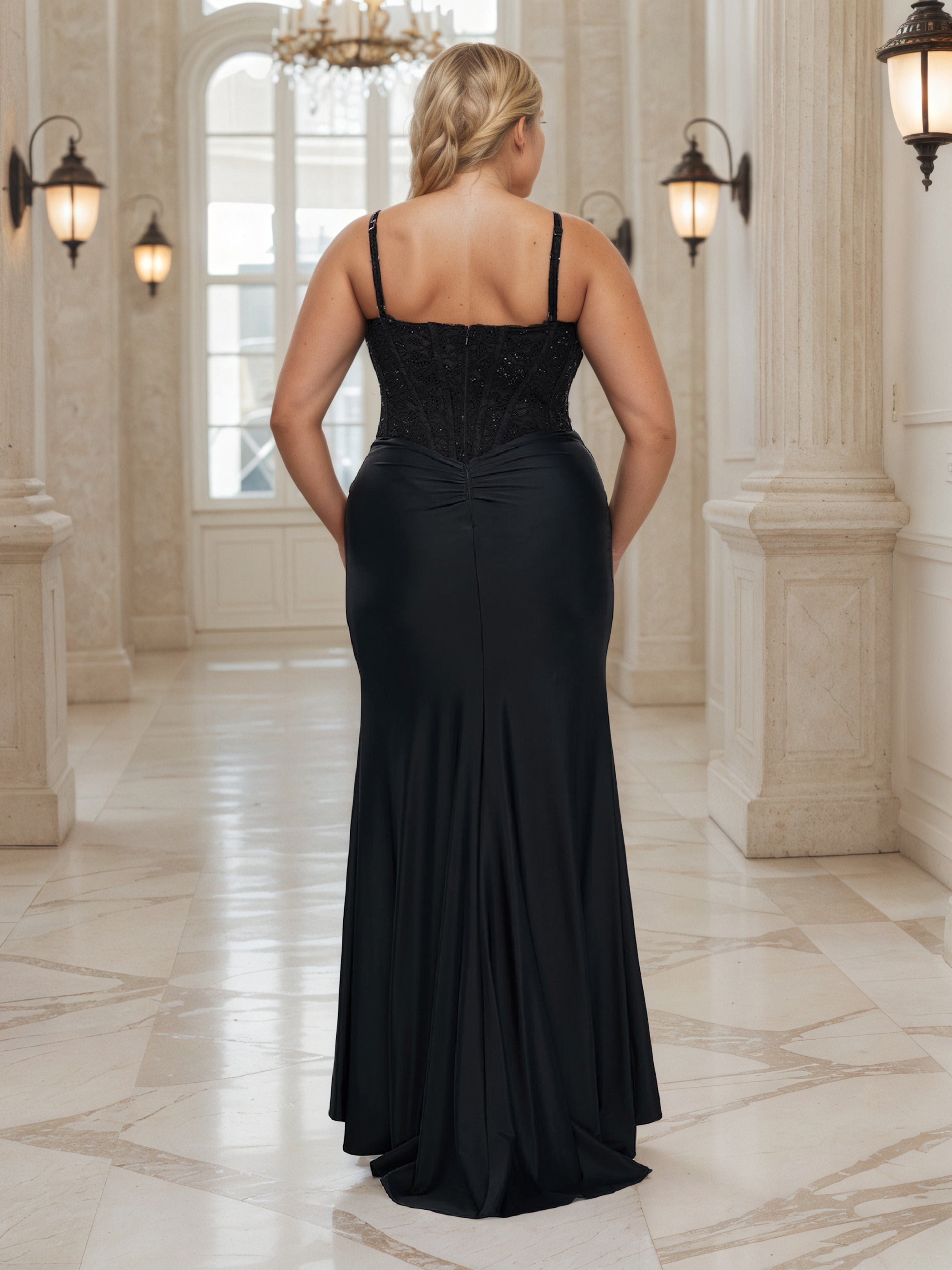 Charming Spaghetti Straps Black High Split Long Plus Size Prom Dress WIth Lace