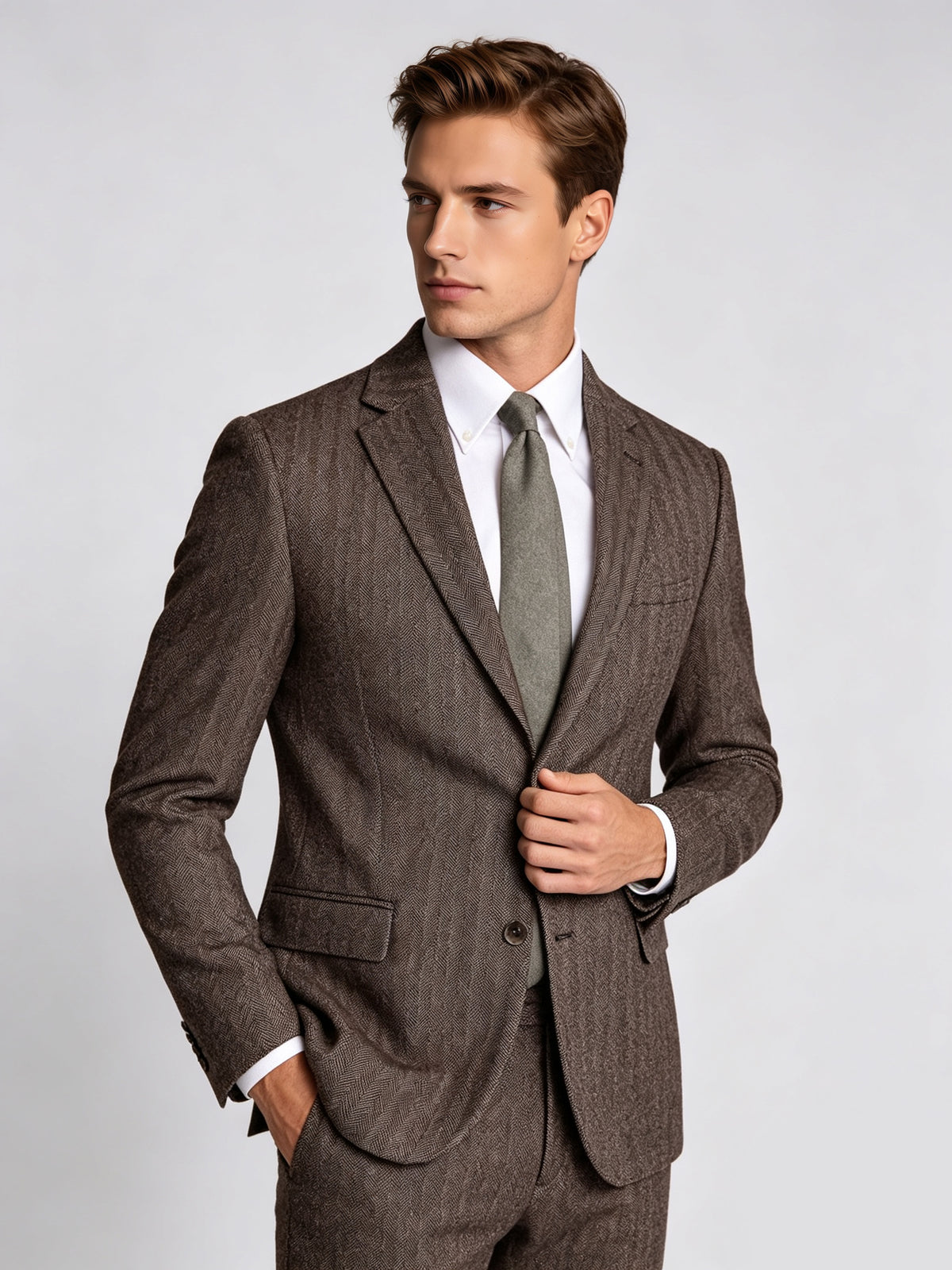 Cicinia 3 Pieces Tweed Suit Notch Lapel Single Breasted Herringbone Brown Men's Suits