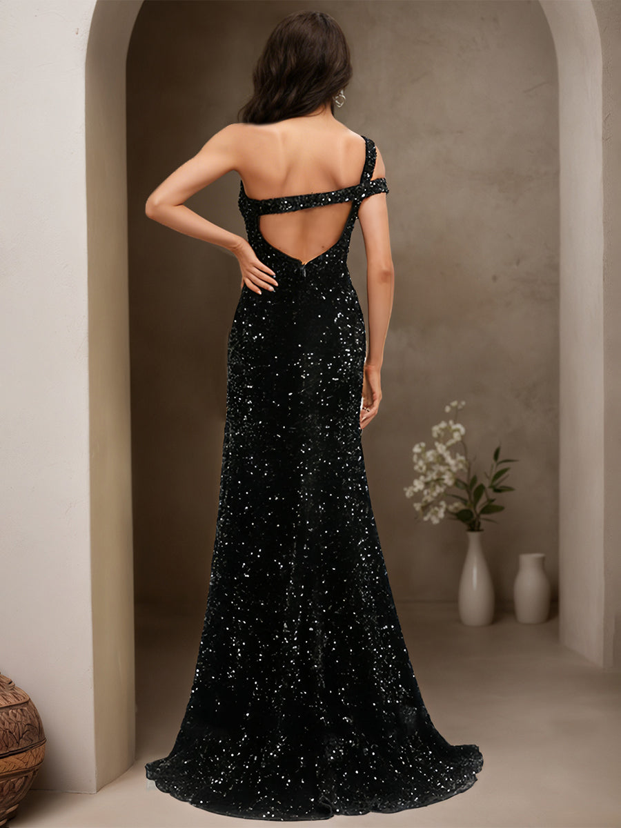 Cicinia Black Prom Dresses Long Sequins Sheath One Shoulder Slit Evening Gowns