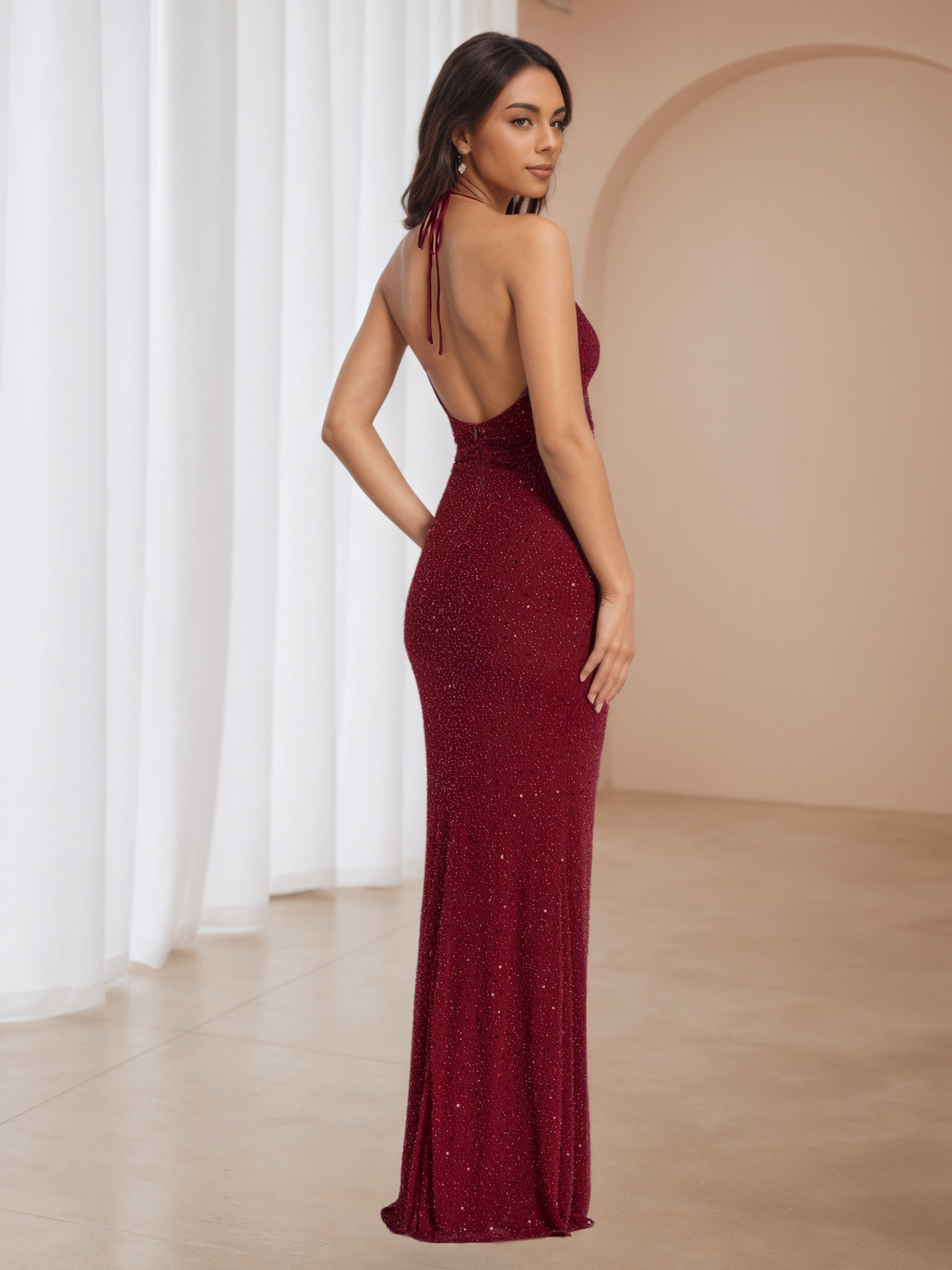 Elegant Halter Burgundy Glitter Long Wedding Guest Dress
