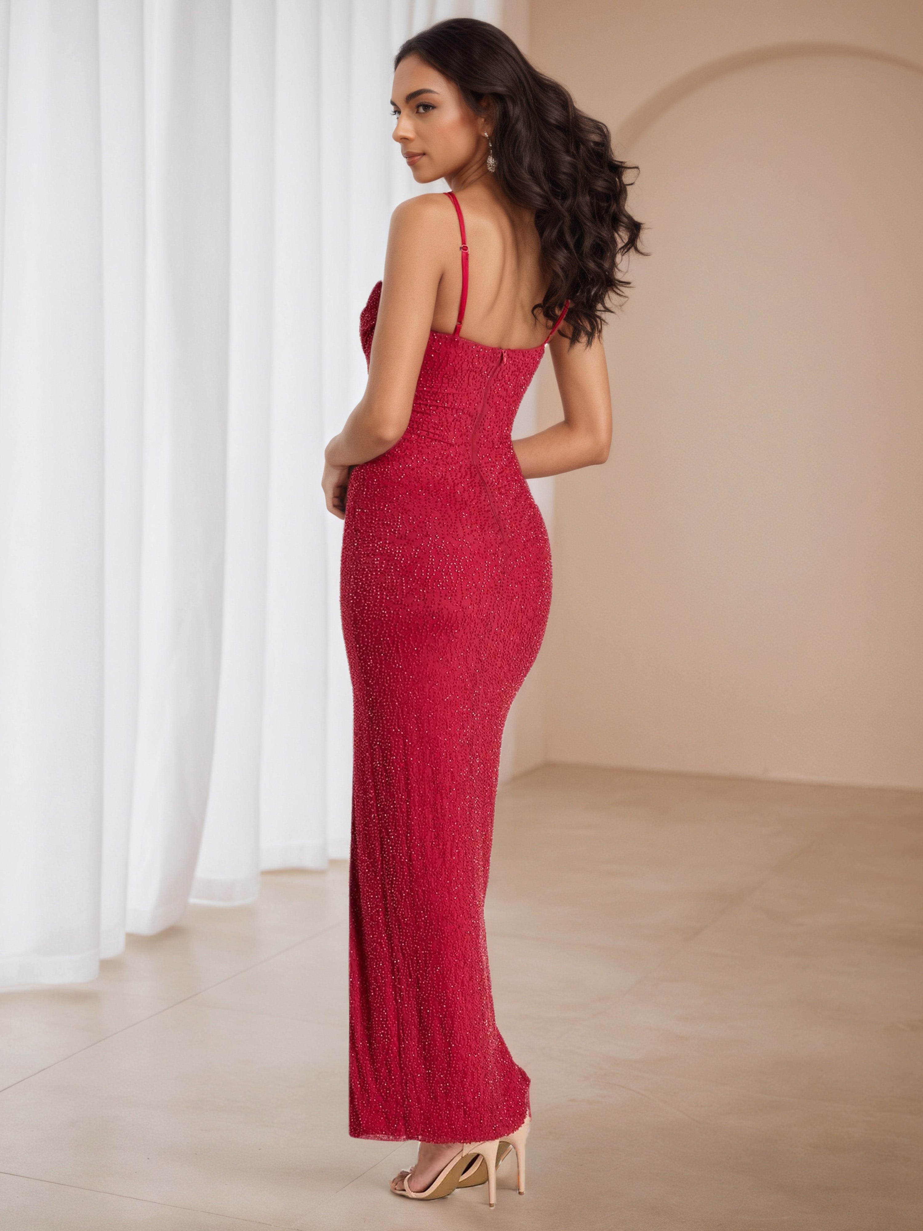 Spaghetti Straps Square Neckline Red Wedding Guest Dress
