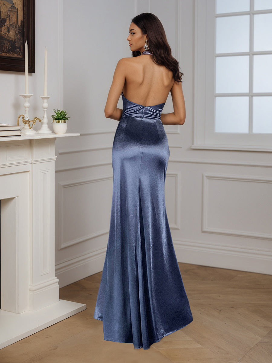 Simple Halter Backless Sweep Train Long Sheath Prom Dress