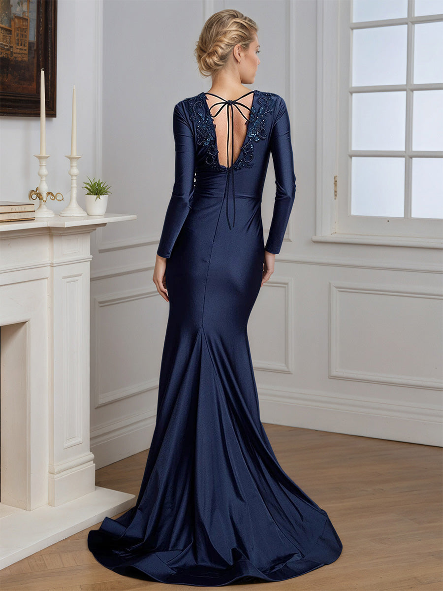 Deep V-neck Long Sleeves Sheath Sweep Train Prom Dress