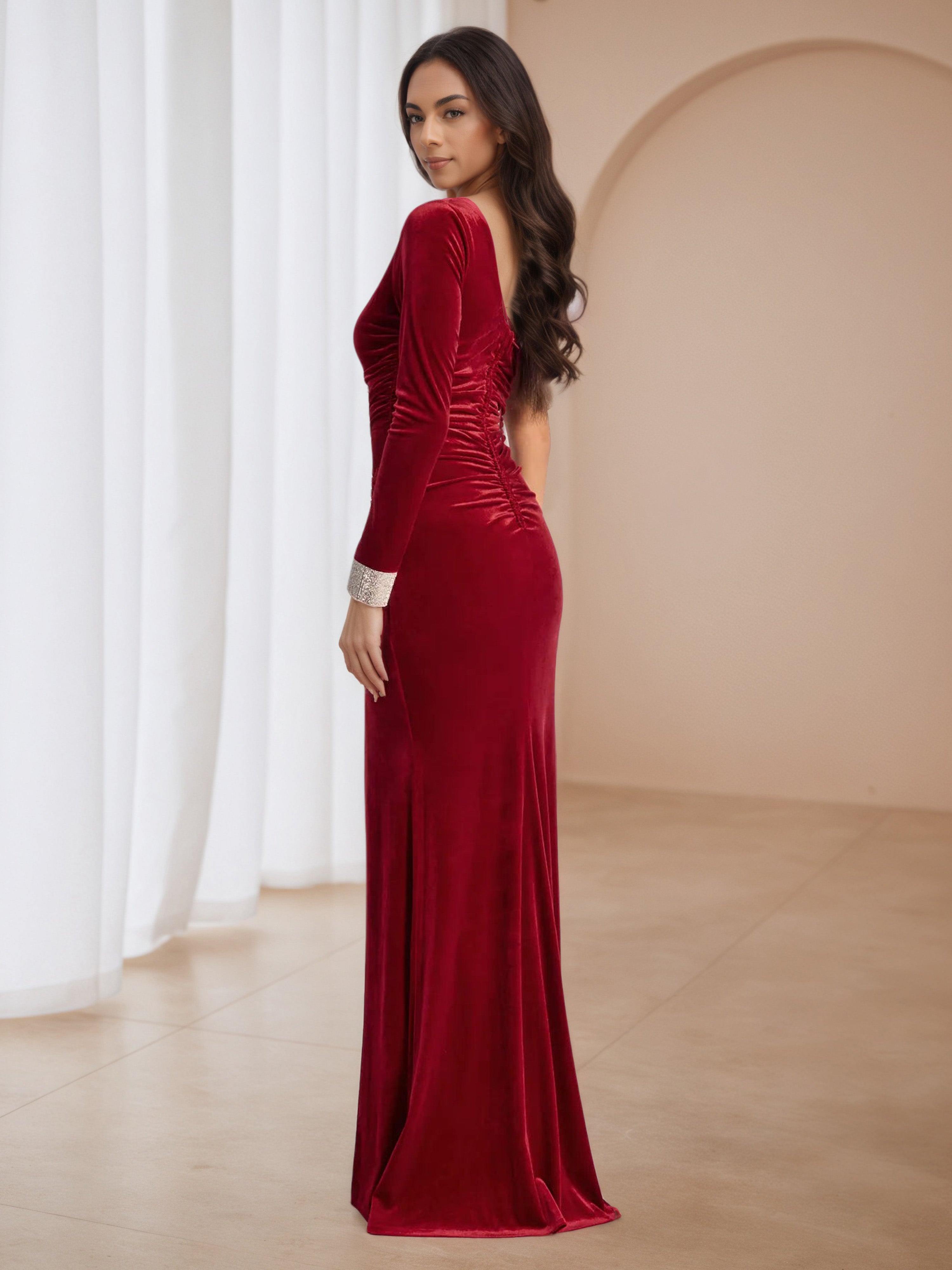 One Shoulder Red Velvet Ruched Sheath Wedding Guest Dress with Split
