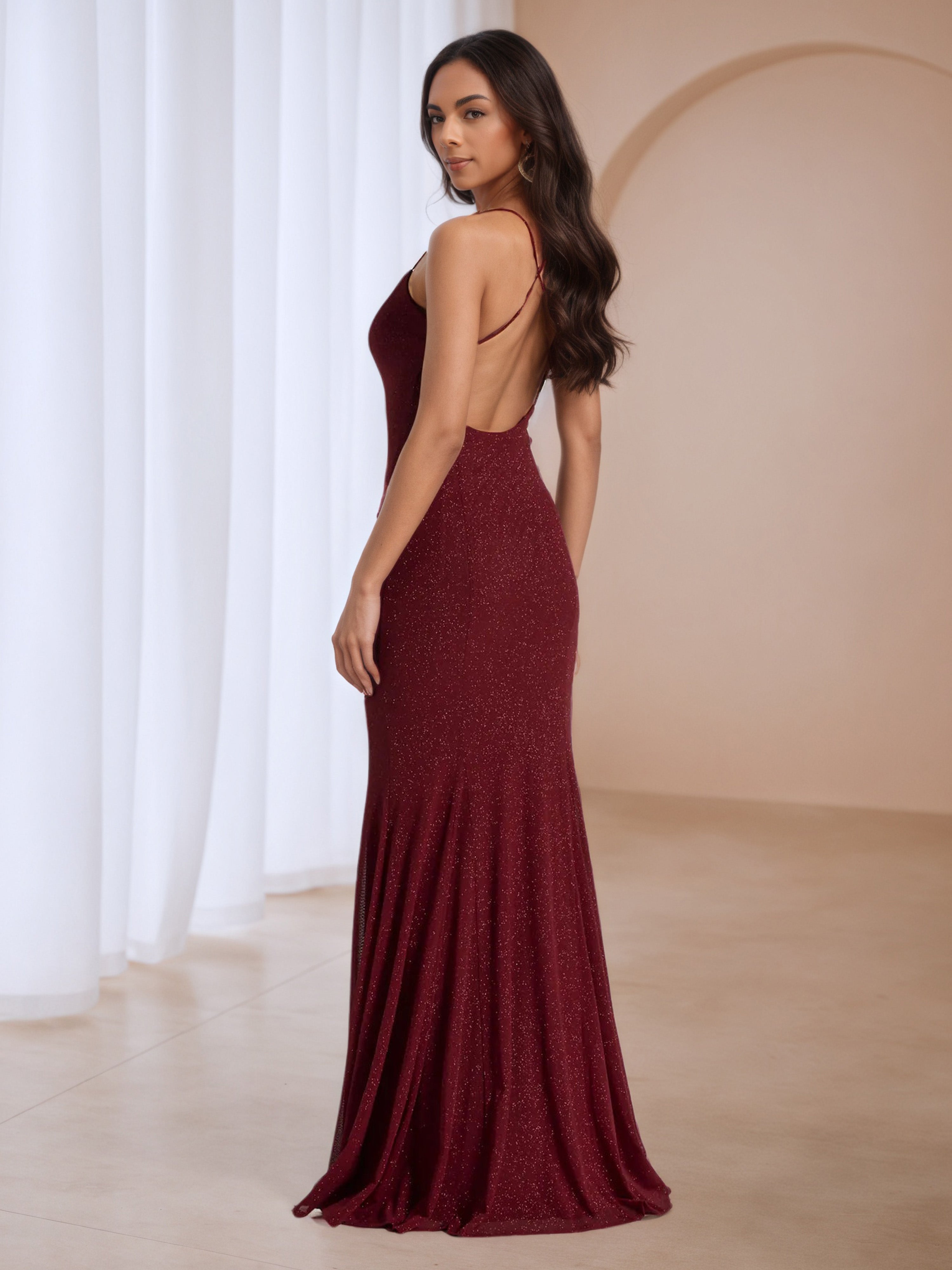 Burgundy Glitter V-Neck Sleeveless Formal Dresses