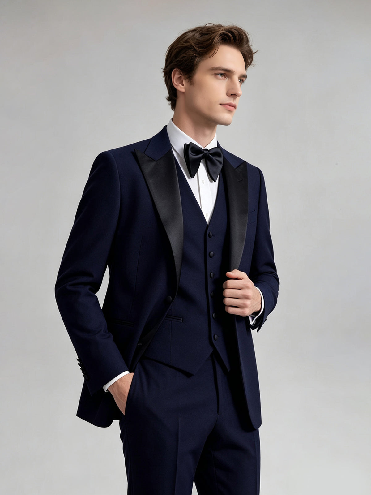 Cicinia 3 Pieces Tuxedo Peak Lapel Satin Trim Single Button Jacket V Neck Waistcoat Straight Leg Trousers Navy Blue Men's Suits