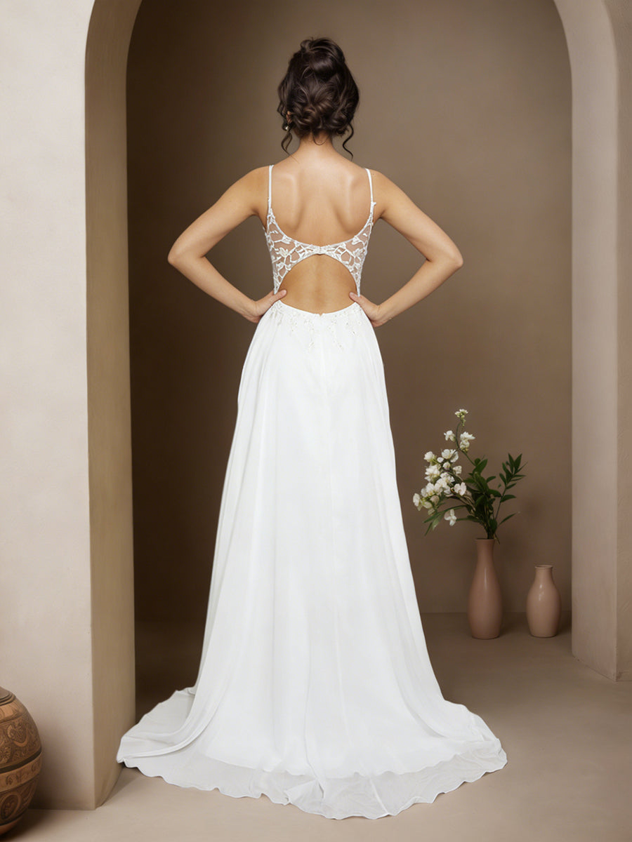 Cicinia Ivory Prom Dresses Long Chiffon A-line Appliques Lace Sweep Train Party Dress