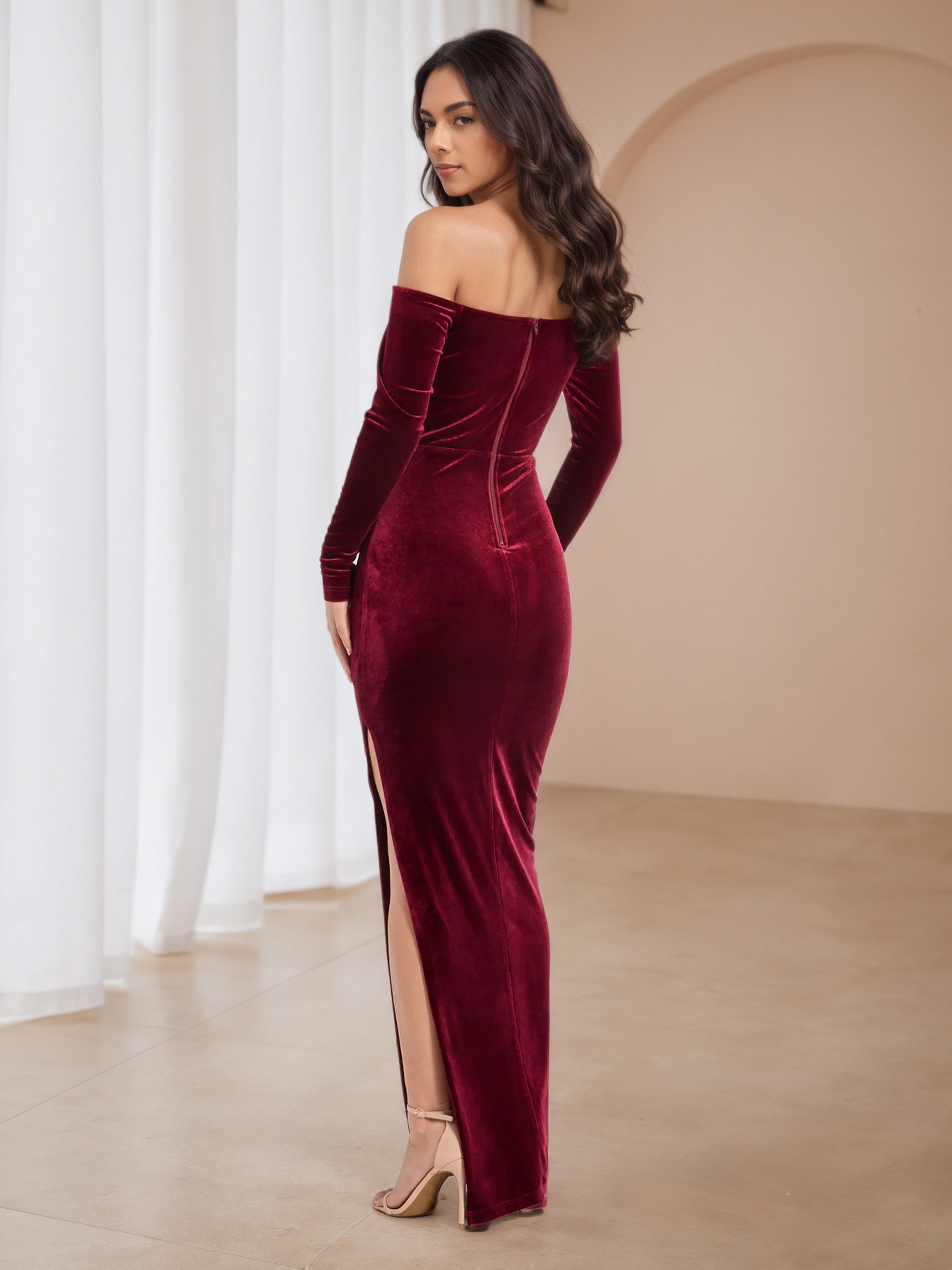 Burgundy Strapless Cut-Out Long Sleeves Floor Length Wedding Guest Dress