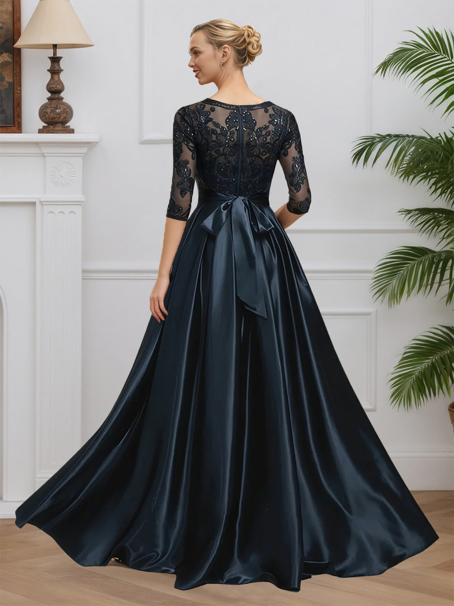 Cicinia Dark Navy Mother Of The Bride Dress Long Soft Satin Lace A-line Floor Length