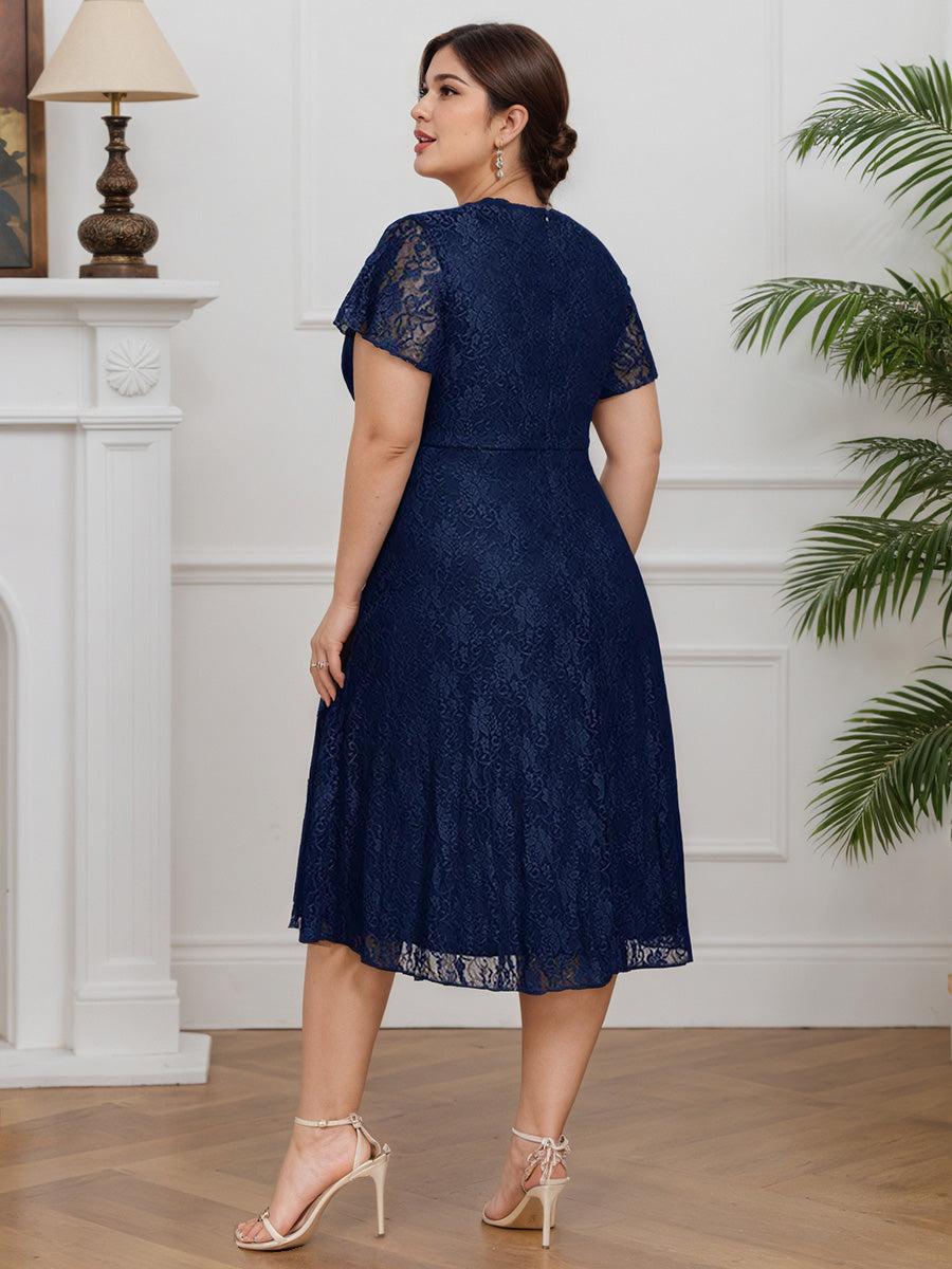 Cicinia Navy Blue Mother Of The Bride Dress Long Lace A-line V-neck Tea Length Plus Size