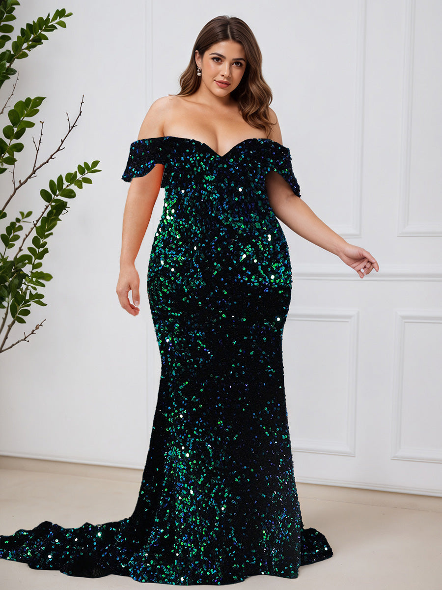 Pretty Off The Shoulder Dark Green Mermaid Sequins Long Plus Size Prom Dress