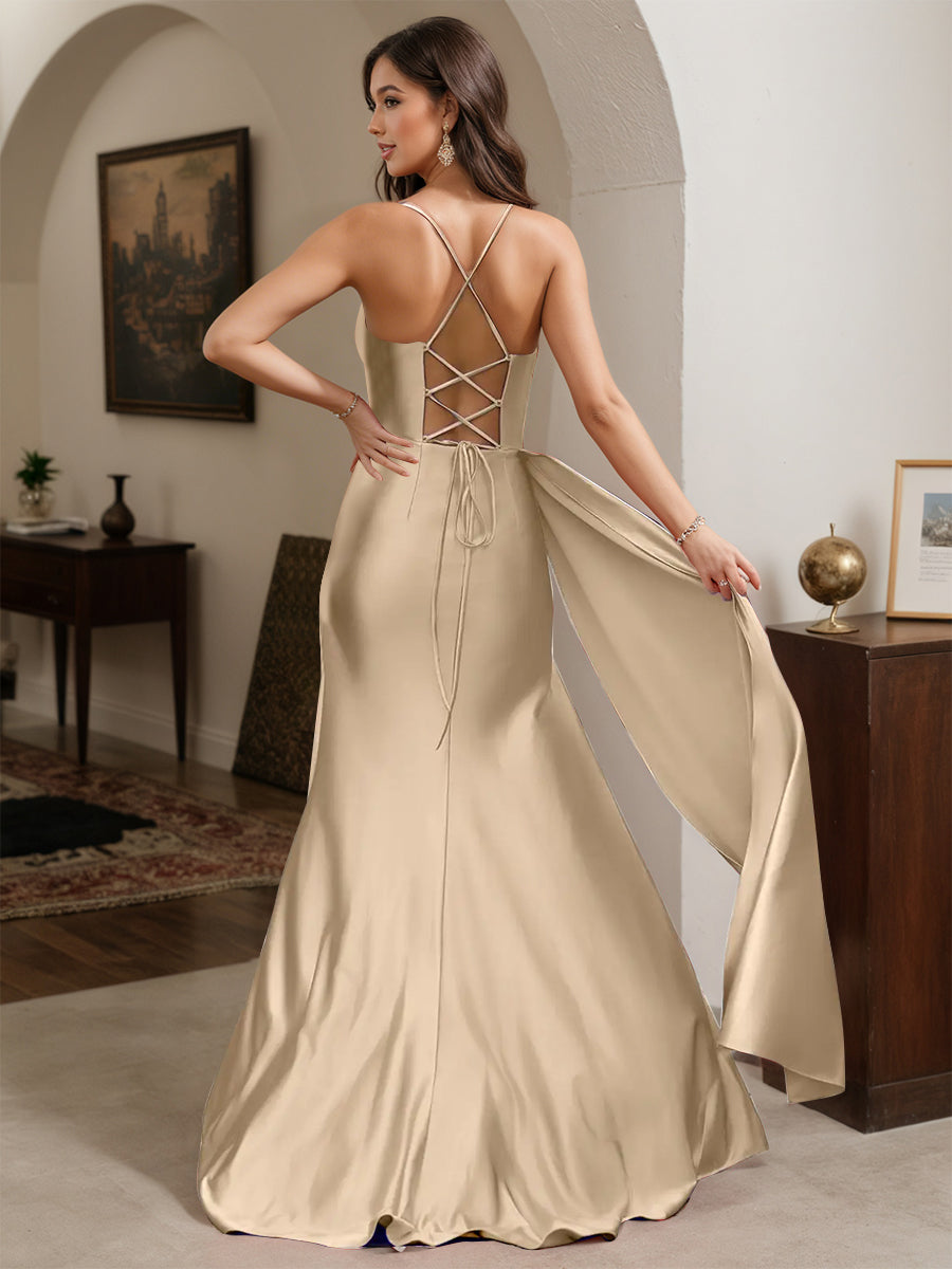 Cicinia Champagne Prom Dresses Long Spaghetti Straps Sheath Slit Evening Dress With Side Drape