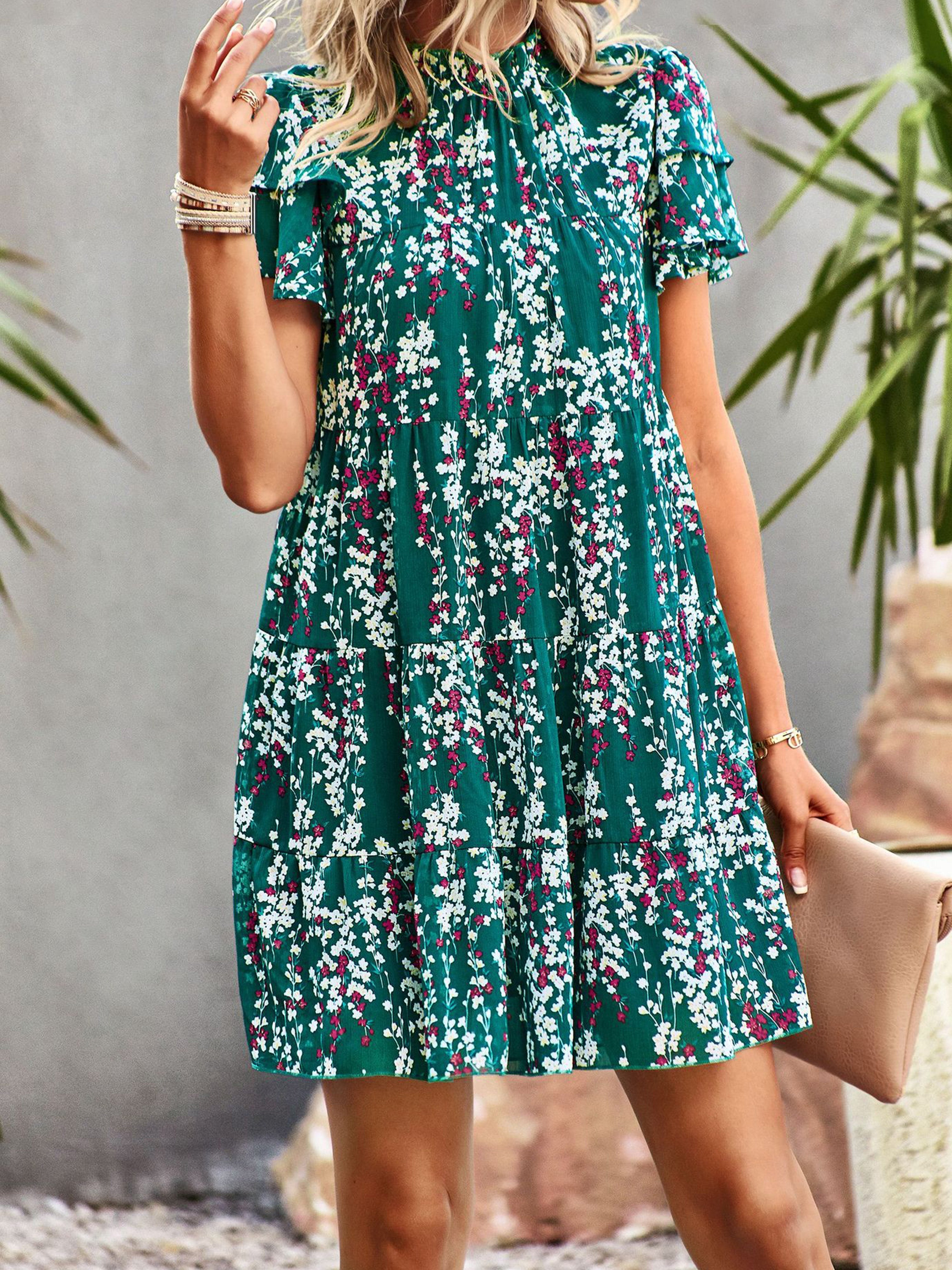 Jewel A Line Floral Green Ruffles Sleeves Wedding Guest Dress