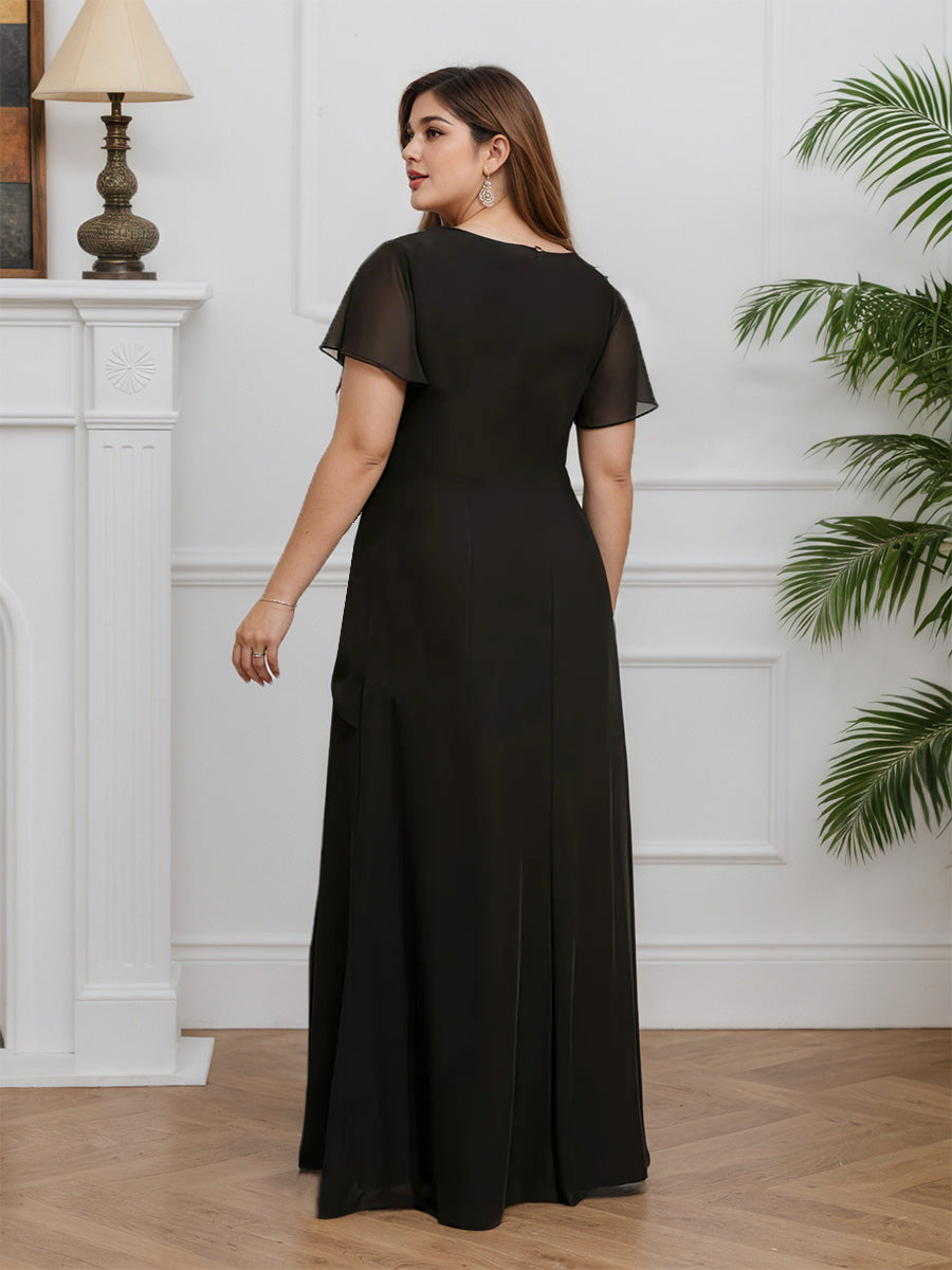 Cicinia Black Mother Of The Groom Dress Long Chiffon Sheath Short Sleeves Floor Length Plus Size